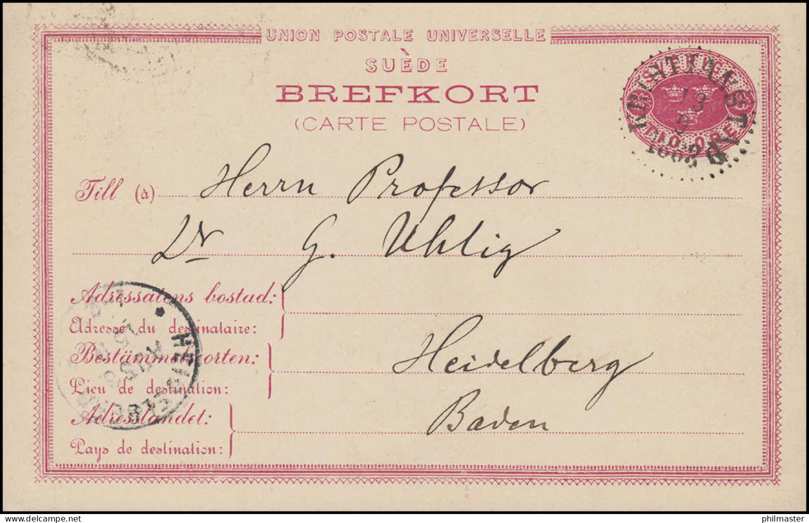 Postkarte P 13 BREFKORT, KRISTIANSTAD 3.9.1888 Nach HEIDELBERG 15.9.88 - Other & Unclassified