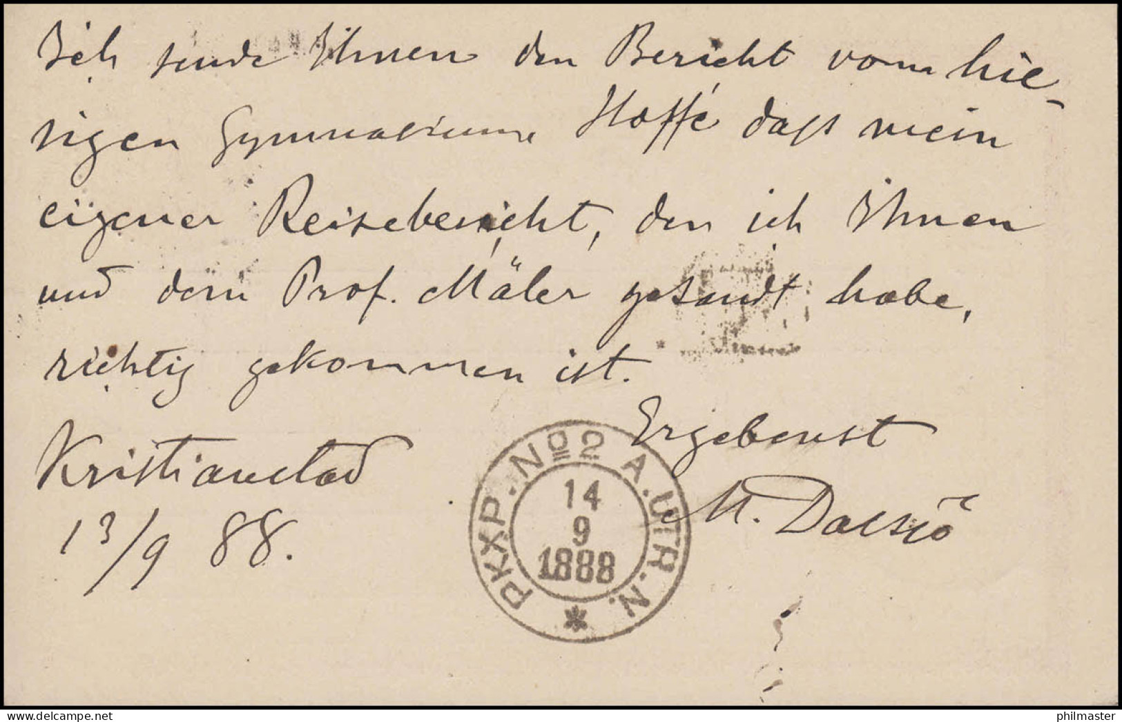 Postkarte P 13 BREFKORT, KRISTIANSTAD 3.9.1888 Nach HEIDELBERG 15.9.88 - Other & Unclassified