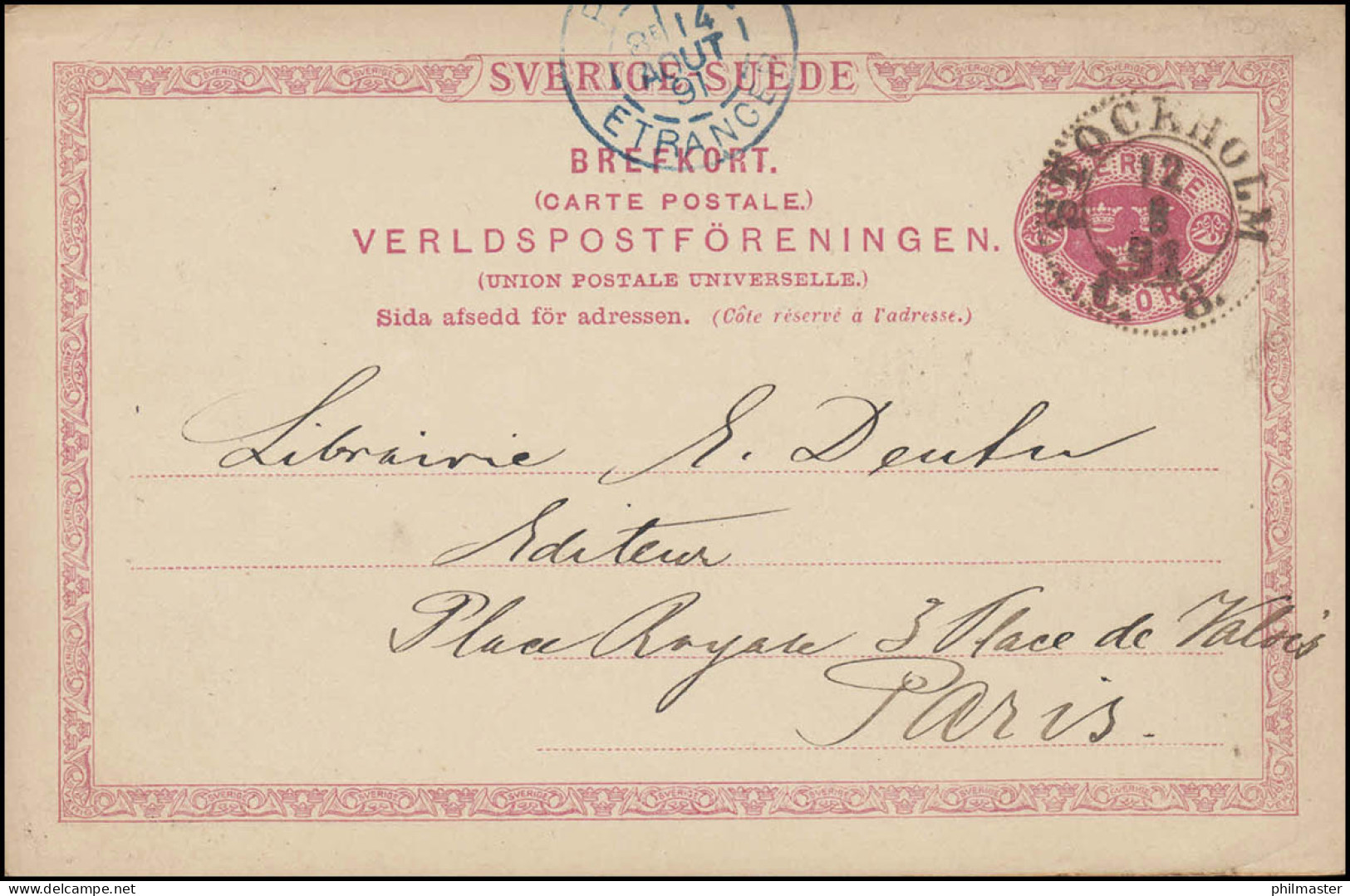 Postkarte P 20 SVERIGE-SUEDE 10 Öre, STOCKHOLM 12.8.1891 Nach PARIS 14.8.91 - Postwaardestukken