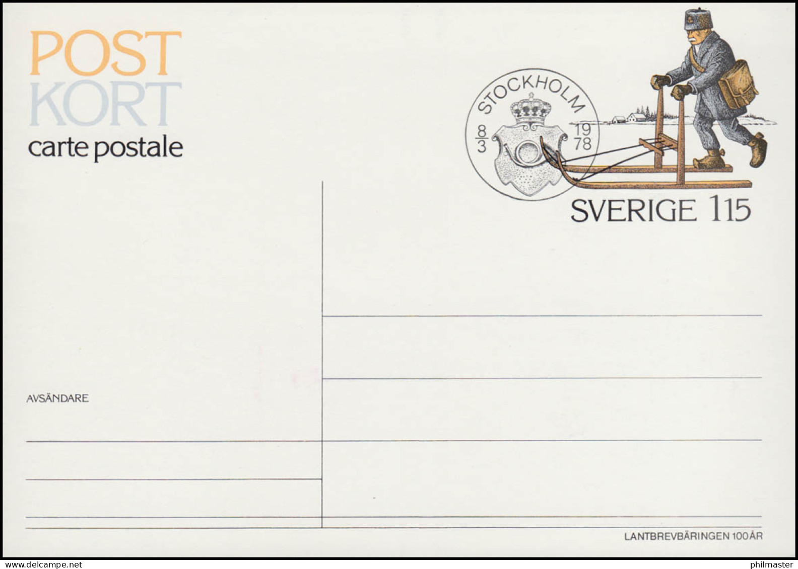 Schweden Postkarte P 102 Landbriefträger Auf Tretschlitten, FDC Stockholm 8.3.78 - Entiers Postaux
