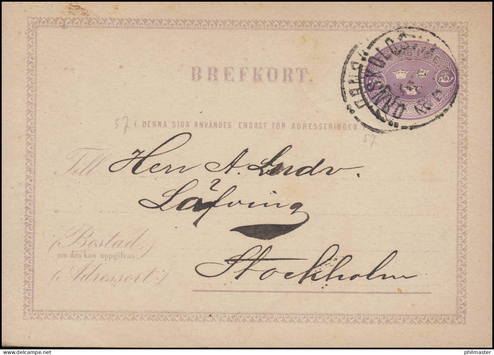 Postkarte P 1D BREFKORT 6 Öre, Örnsköldsvik 23.3.1878 Nach Stockholm - Postal Stationery