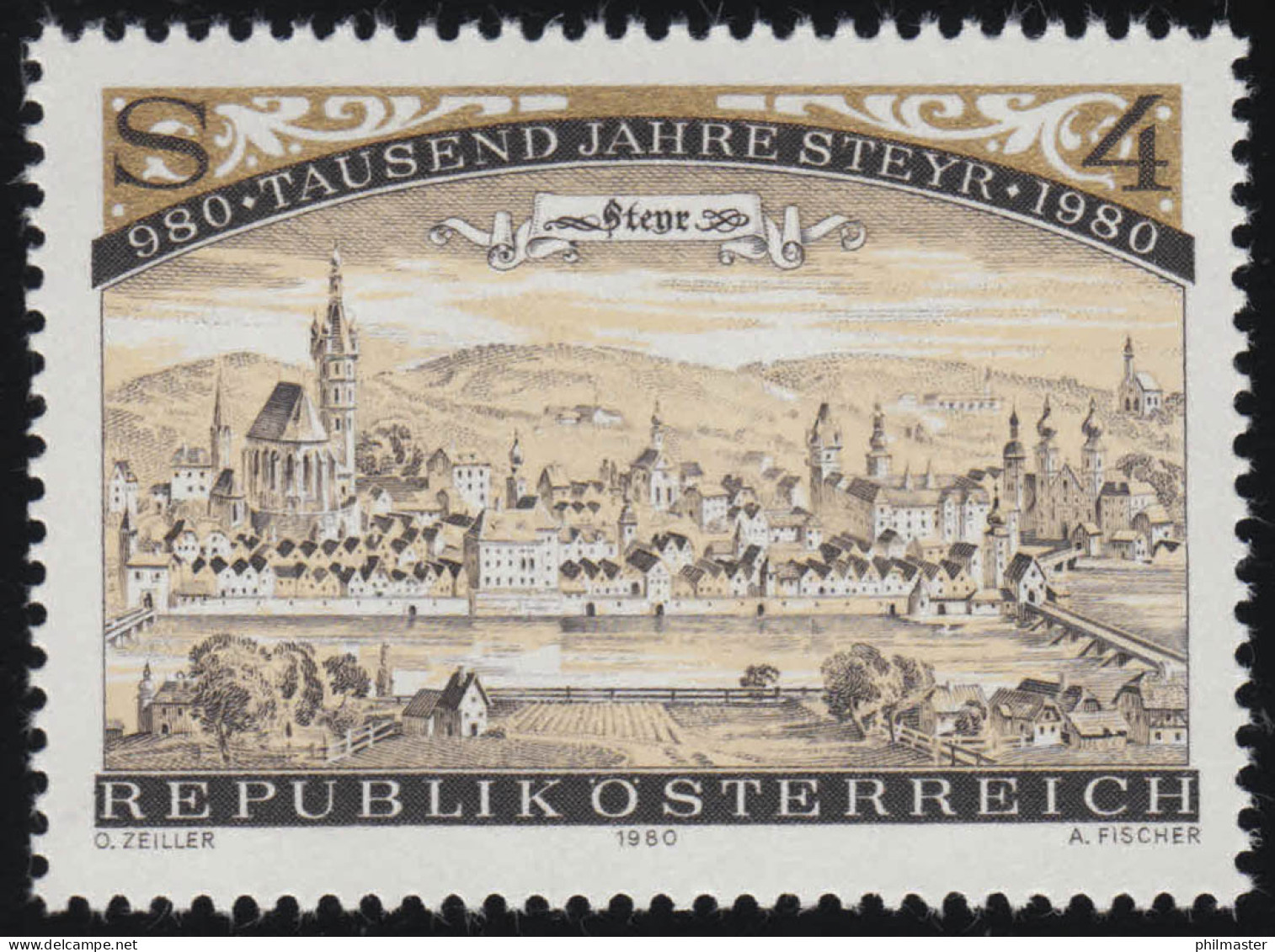 1645 1000 Jahre Stadt Steyr, Steyr Um 1693 (Kupferstich), 4 S, Postfrisch ** - Unused Stamps