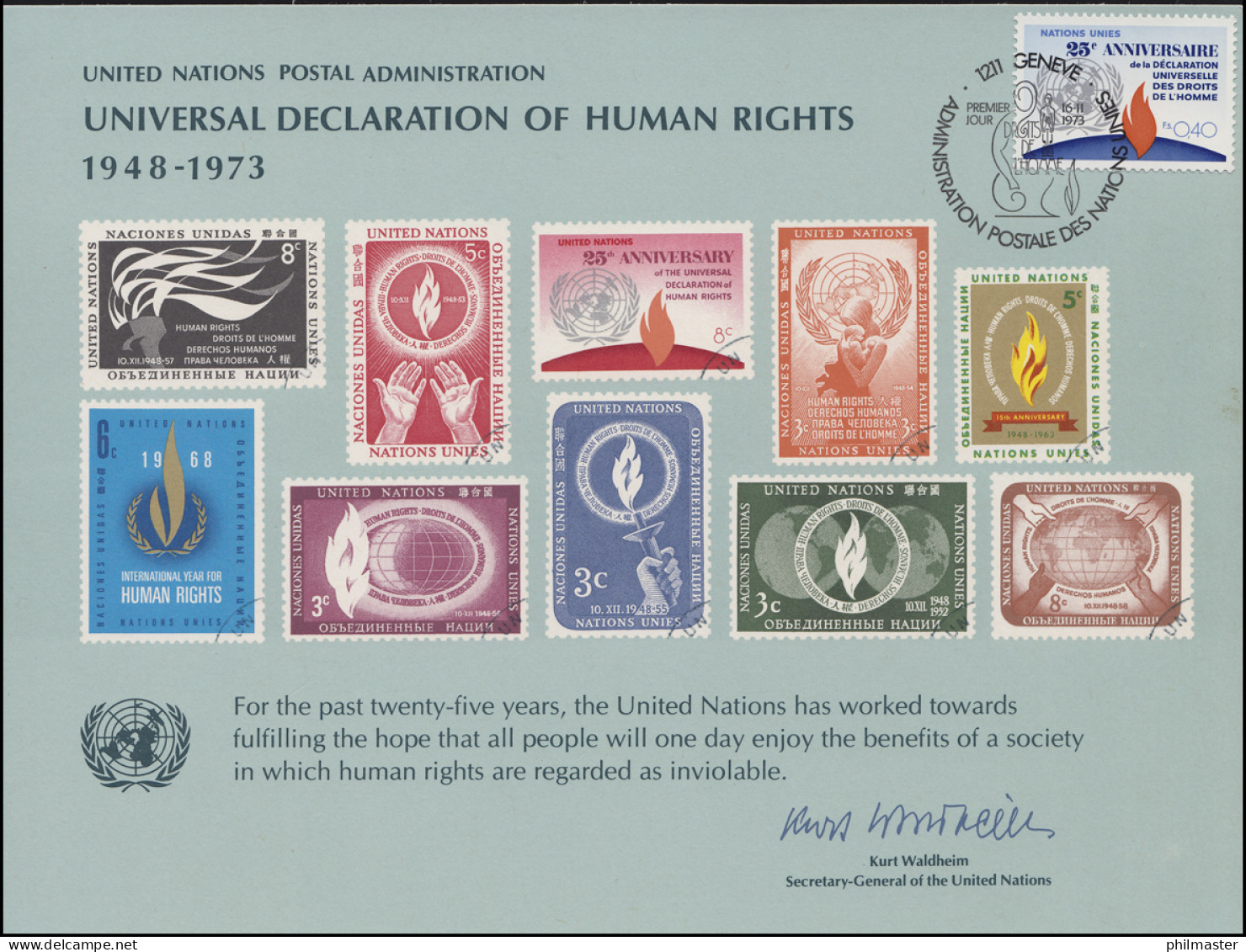 UNO Erinnerungskarte EK 4 Menschenrechte 1973, Genf-FDC 16.11.1973 - Altri & Non Classificati