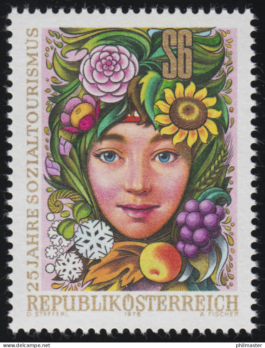 1577 25 Jahre Sozialtourismus, Mädchenkopf Blumen, Obst Umrahmt, 6 S, ** - Nuovi