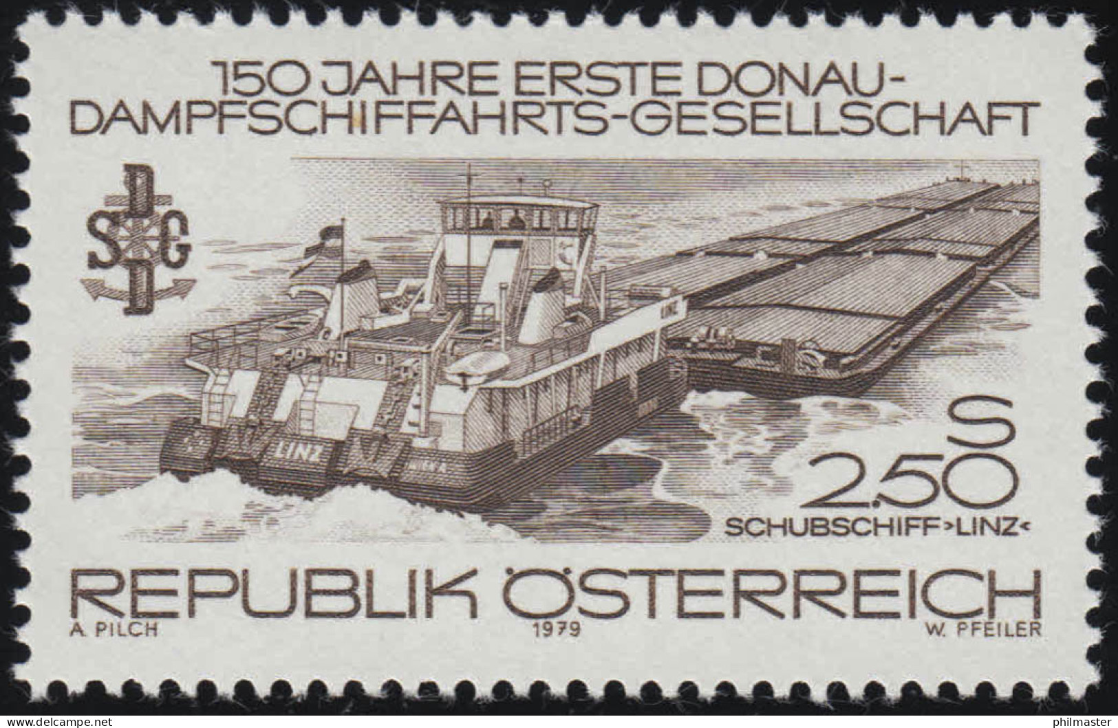 1602 150 J. 1. Donau-Dampfschiffahrts-Gesellschaft, Schubschiff Linz, 2.50 S ** - Neufs