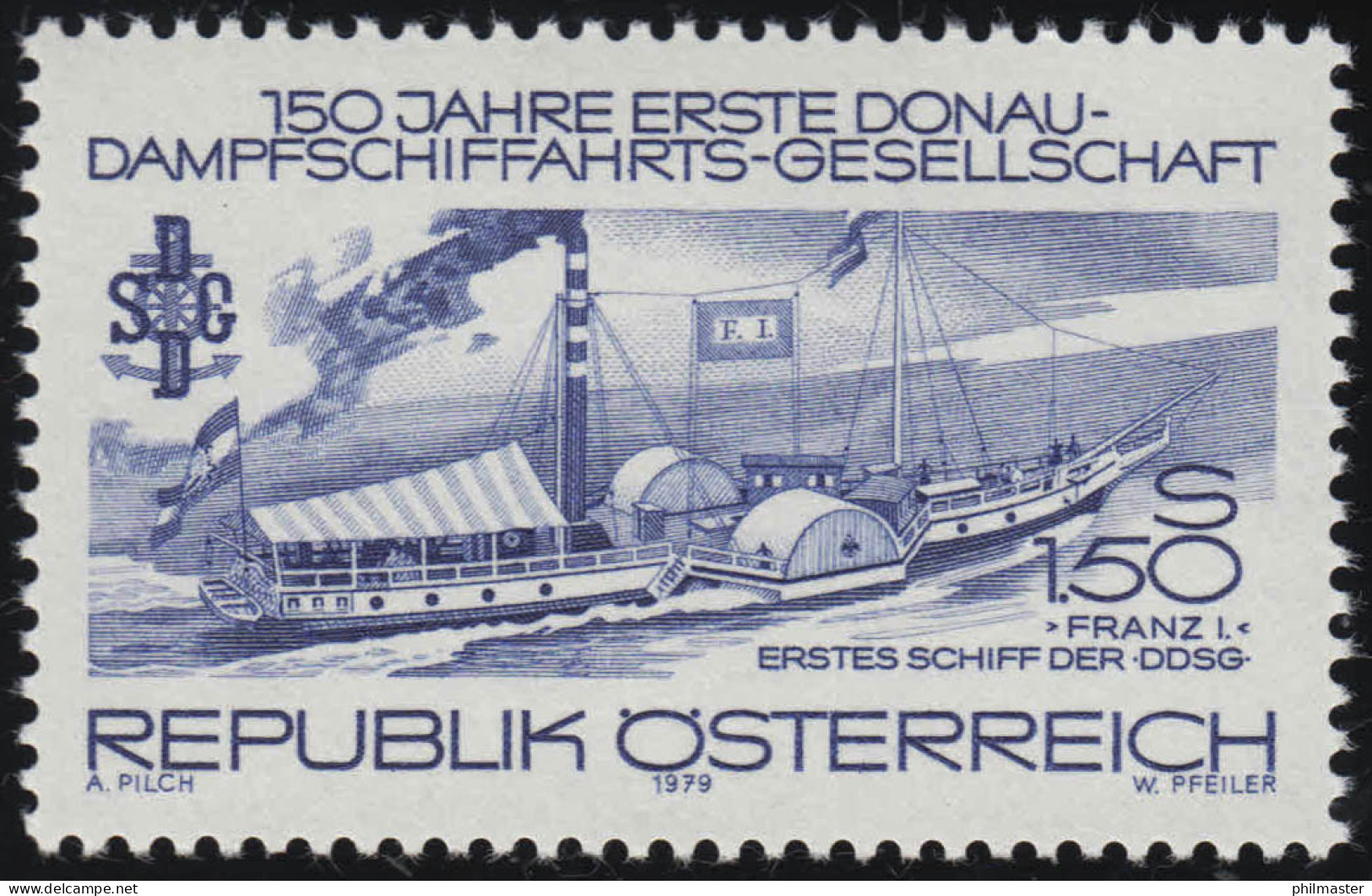 1601 150 J. 1. Donau-Dampfschiffahrts-Gesellschaft, Raddampfer Franz I 1.50 S ** - Ungebraucht