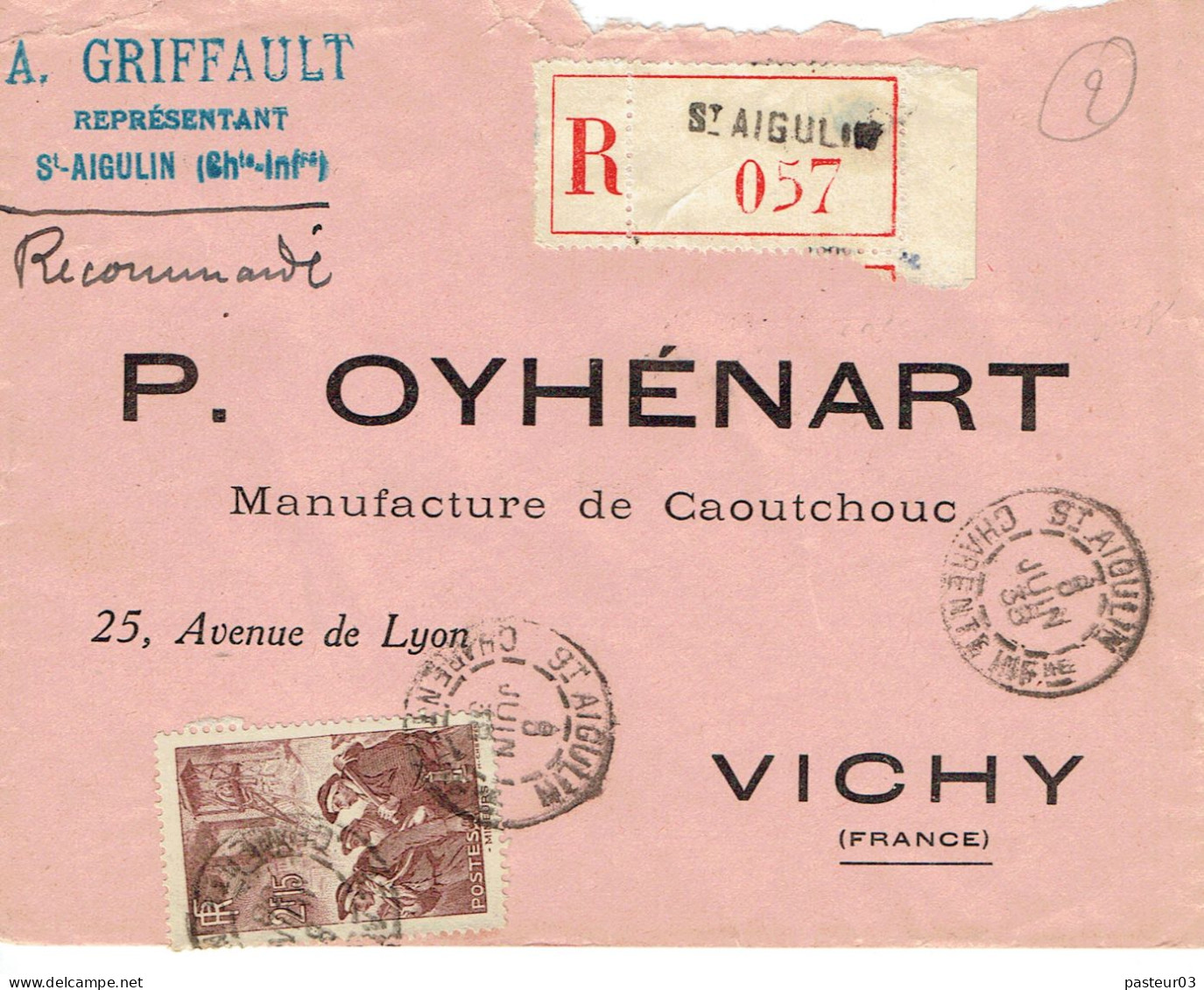 390 Mineur 2,15 F. LR De Saint Aigulin Charente Inf. Pour Vichy Du 6-6-1938 - 1921-1960: Modern Period