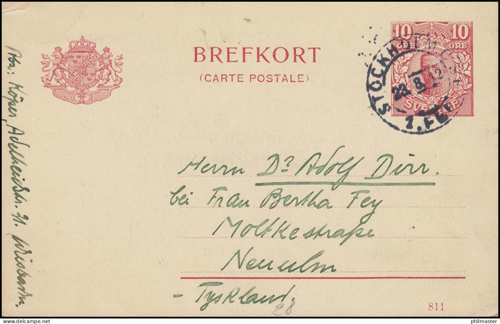 Postkarte P 30 BREFKORT König Gustav 10 Öre DV 811, STOCKHOLM 23.6.12 N. Neuulm - Postal Stationery