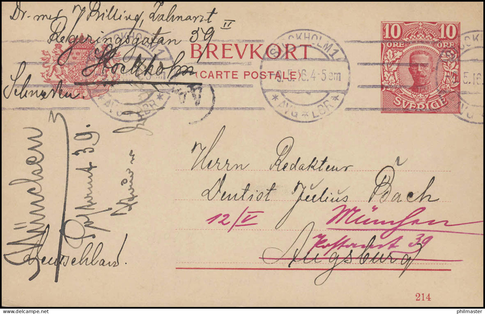 Postkarte P 30 BREFKORT König Gustav Mit DV 214, STOCKHOLM 9.5.16 Nach Augsburg - Postal Stationery
