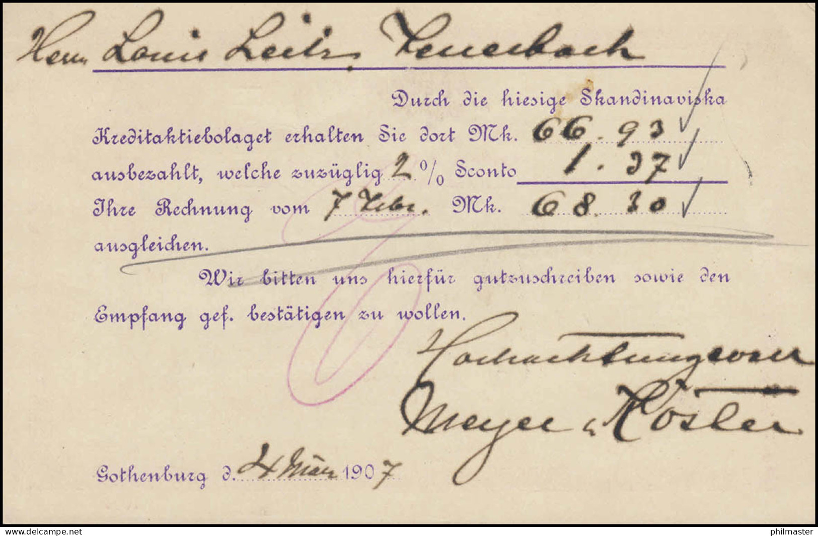 Postkarte P 25 SVERIGE-SUEDE Mit DV 1006, GÖTEBORG 4.3.1907 N. FEUERBACH 6.3.07 - Interi Postali