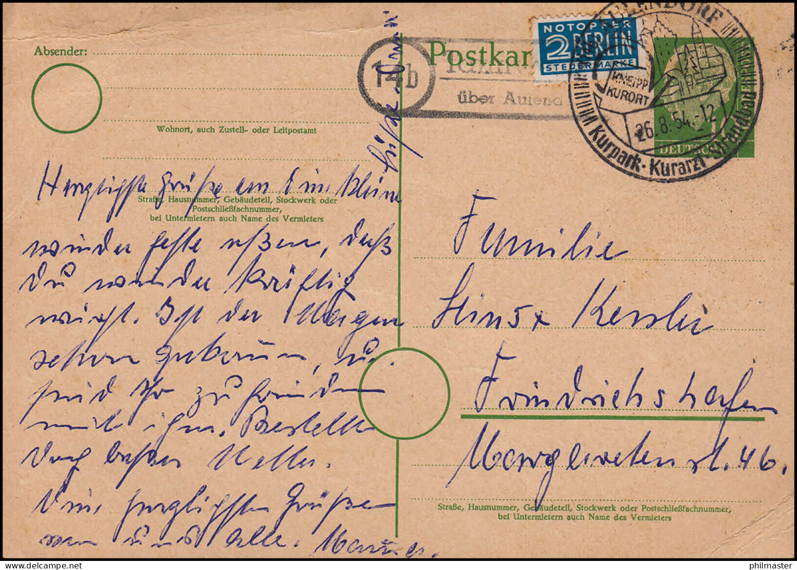 Landpost 14b Tannweiler über AULENDORF 26.8.54 SSt Kneipp Kurort, Auf Postkarte  - Autres & Non Classés