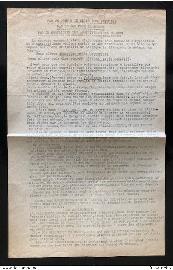 Tract Presse Clandestine Résistance Belge WWII WW2 'Pas Un Gramme De Metal Pour L'ennemi...' - Dokumente