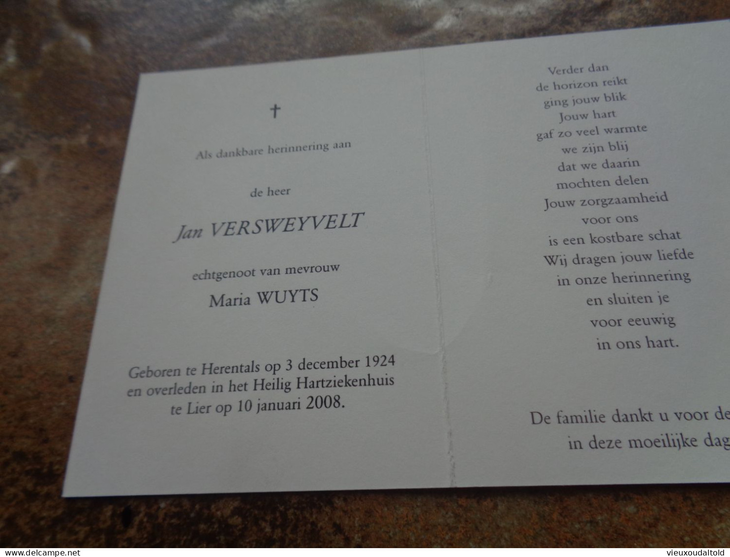Doodsprentje/Bidprentje  Jan VERSWEYVELT   Herentals 1924-2008 Lier  (Echtg M. WUYTS) - Religion &  Esoterik