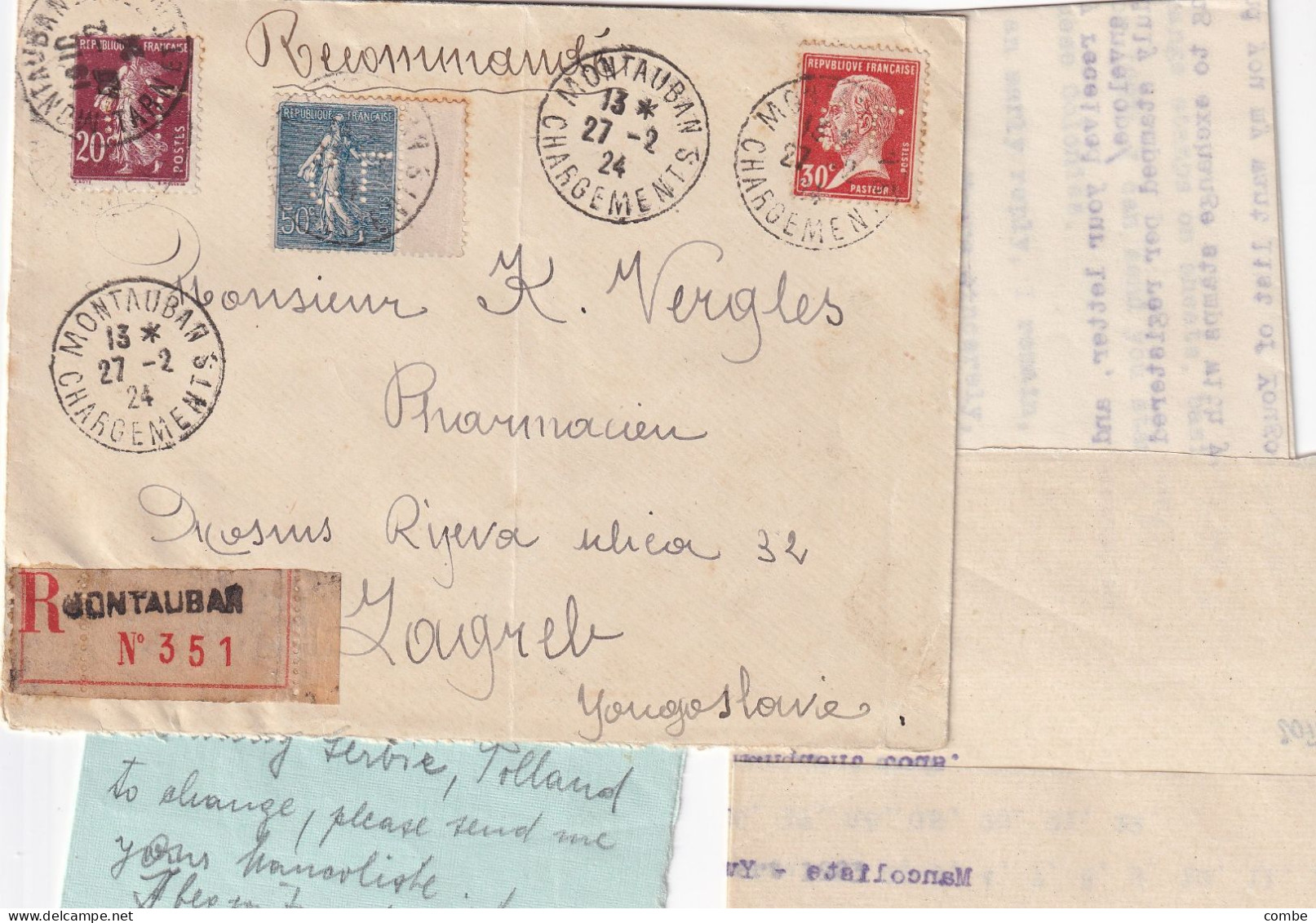 LETTRE. 27 FEV 1924. RECOMMANDE MONTAUBAN POUR ZAGREB. YOUGOSLAVIE. SEMEUSE ET PASTEUR PERFORÉS - 1921-1960: Modern Period