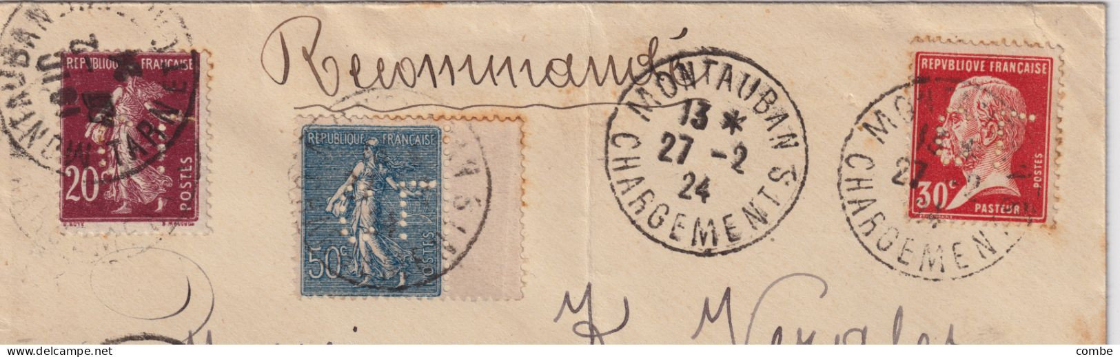 LETTRE. 27 FEV 1924. RECOMMANDE MONTAUBAN POUR ZAGREB. YOUGOSLAVIE. SEMEUSE ET PASTEUR PERFORÉS