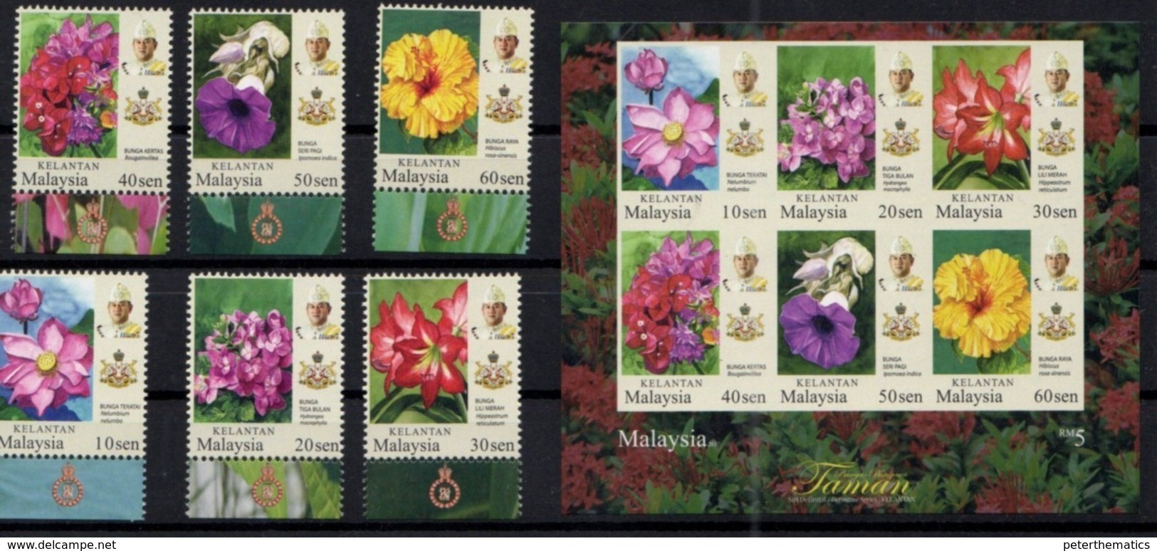 MALAYSIA, 2018, MNH, KELANTAN,  FLOWERS, DEFINITVES, 6v+SHEETLET - Autres & Non Classés
