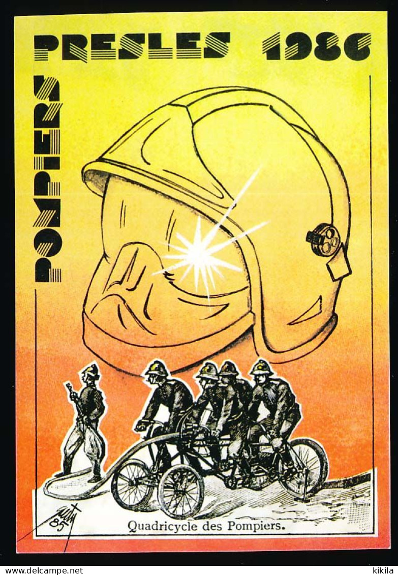 CPSM/CPM 10.5 X 15  Illustrateur Etienne QUENTIN (6) Pompiers Presles 1986 Quadricycle Des Pompiers Casque - Quentin