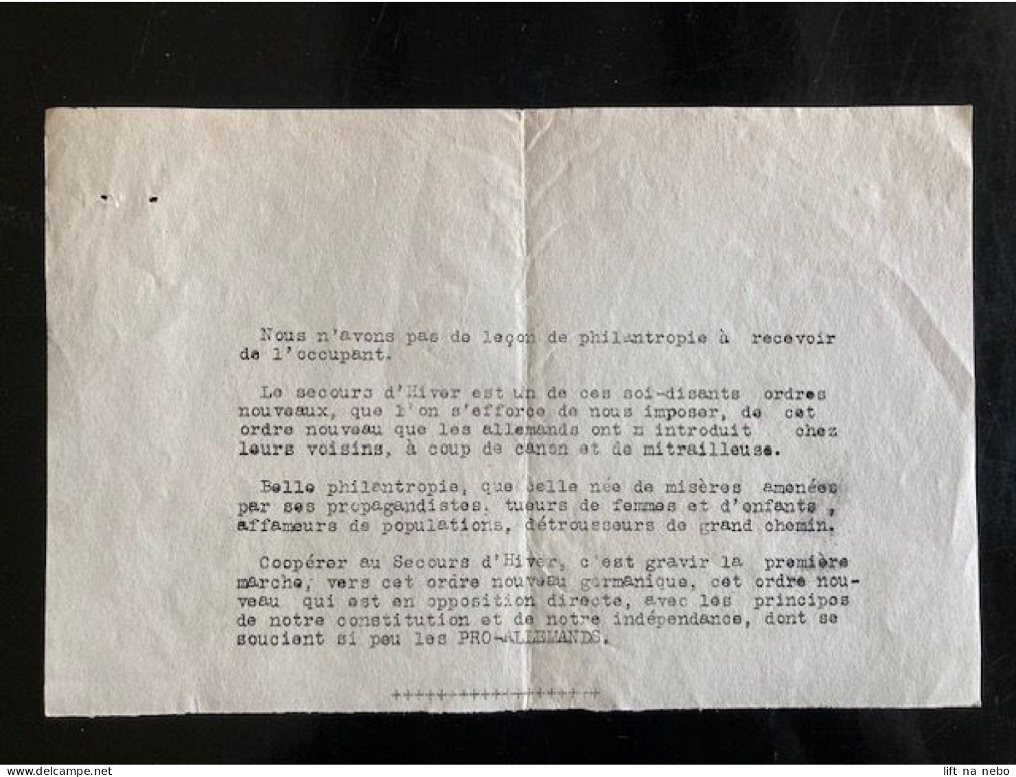 Tract Presse Clandestine Résistance Belge WWII WW2 'Nous N'avons Pas De Leçon De Philantropie...' - Documentos