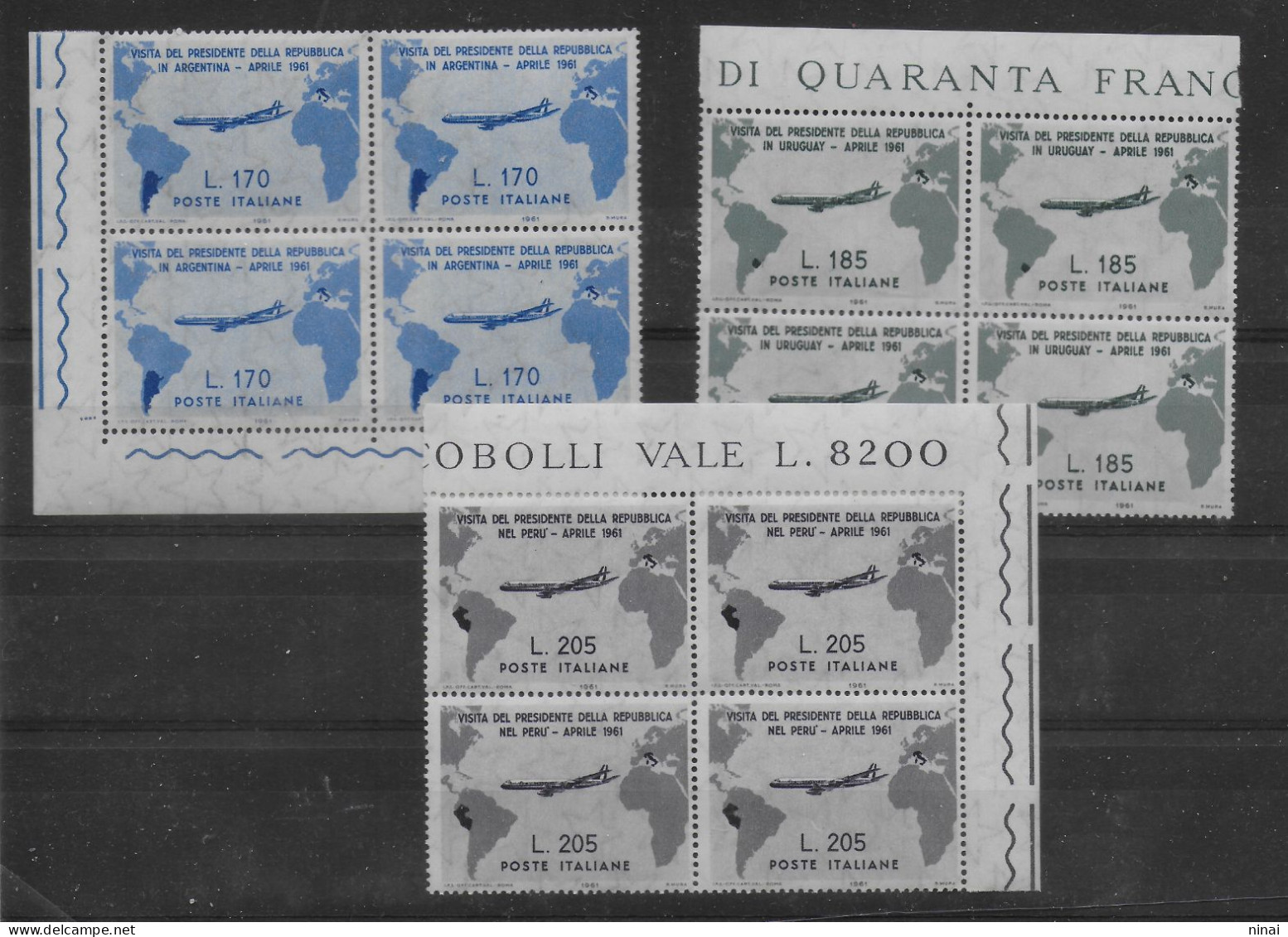 REPUBBLICA 1961 ** MNH LUSSO " VISITA GRONCHI IN ARGENTINA " 3 VALORI  IN QUARTINA ANGOLO DI FOGLIO  C546 - 1961-70: Nieuw/plakker