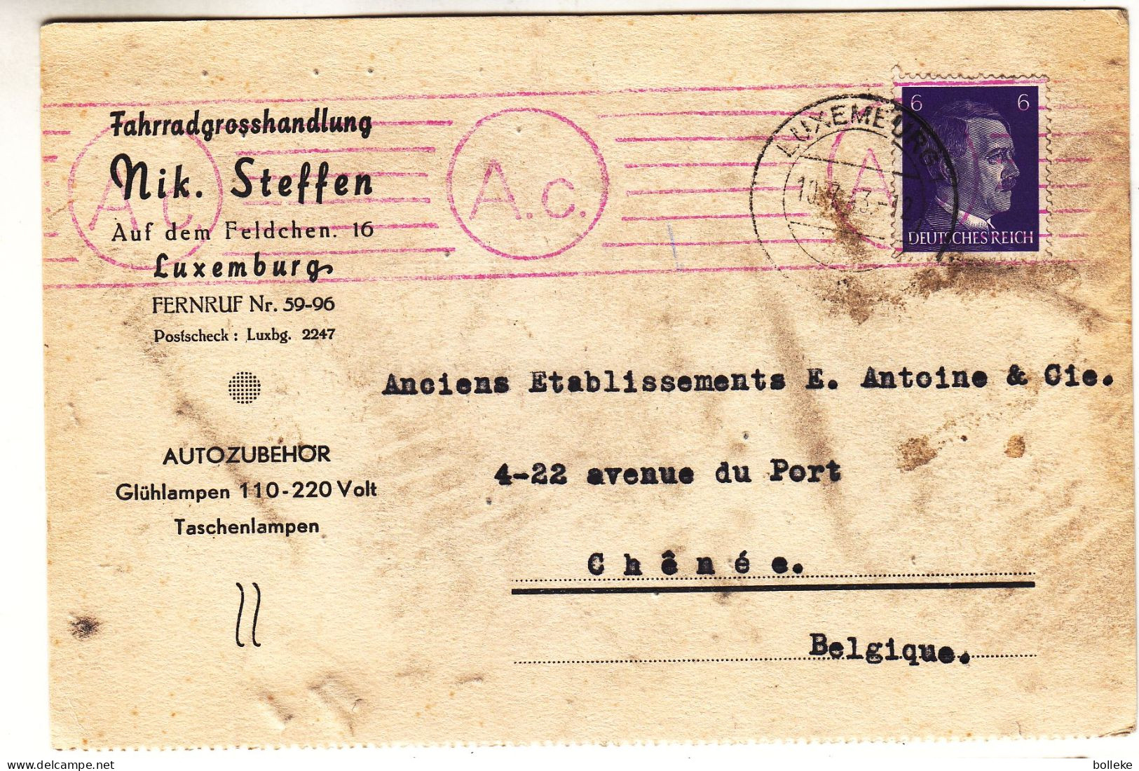 Allemagne - Troisième Reich - Carte Postale De 1943 - Oblit Luxembourg - Exp Vers Chênée - Avec Censure - Hitler - - Brieven En Documenten