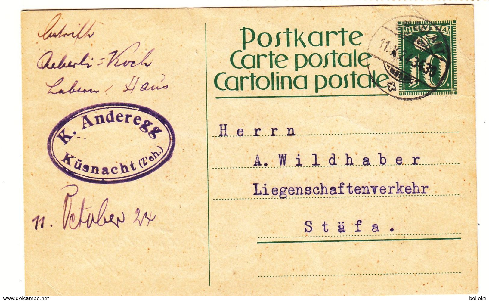 Suisse - Carte Postale De 1924 - Entier Postal - Oblit Küsnacht - Exp Vers Stäfa - - Brieven En Documenten