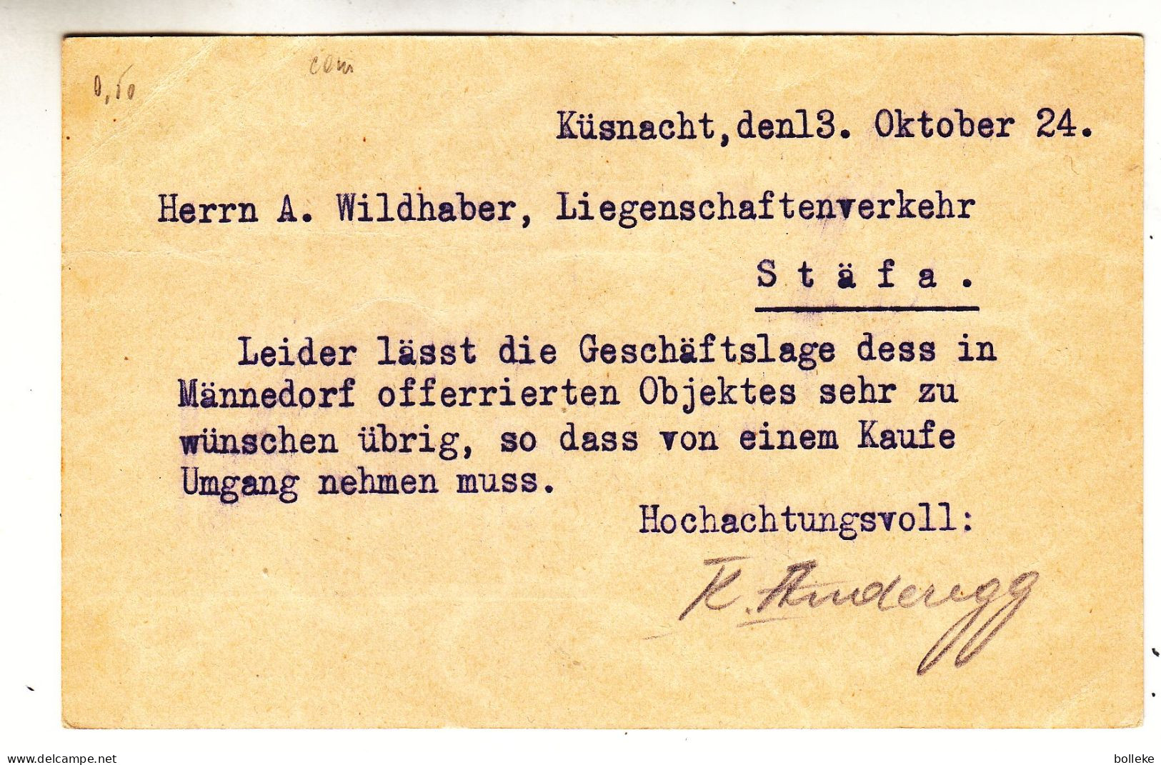 Suisse - Carte Postale De 1924 - Entier Postal - Oblit Küsnacht - Exp Vers Stäfa - - Lettres & Documents