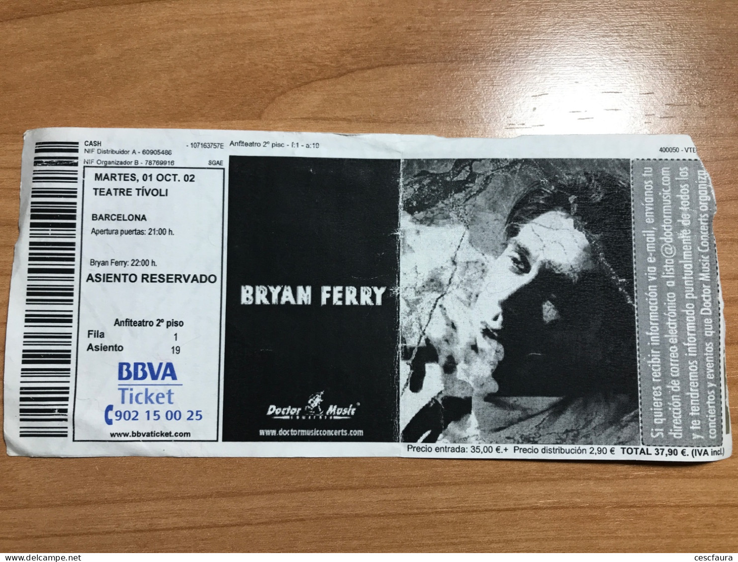 Bryan Ferry Concert Ticket Barcelona 01/10/2002 Teatre Tívoli Entrada - Concert Tickets