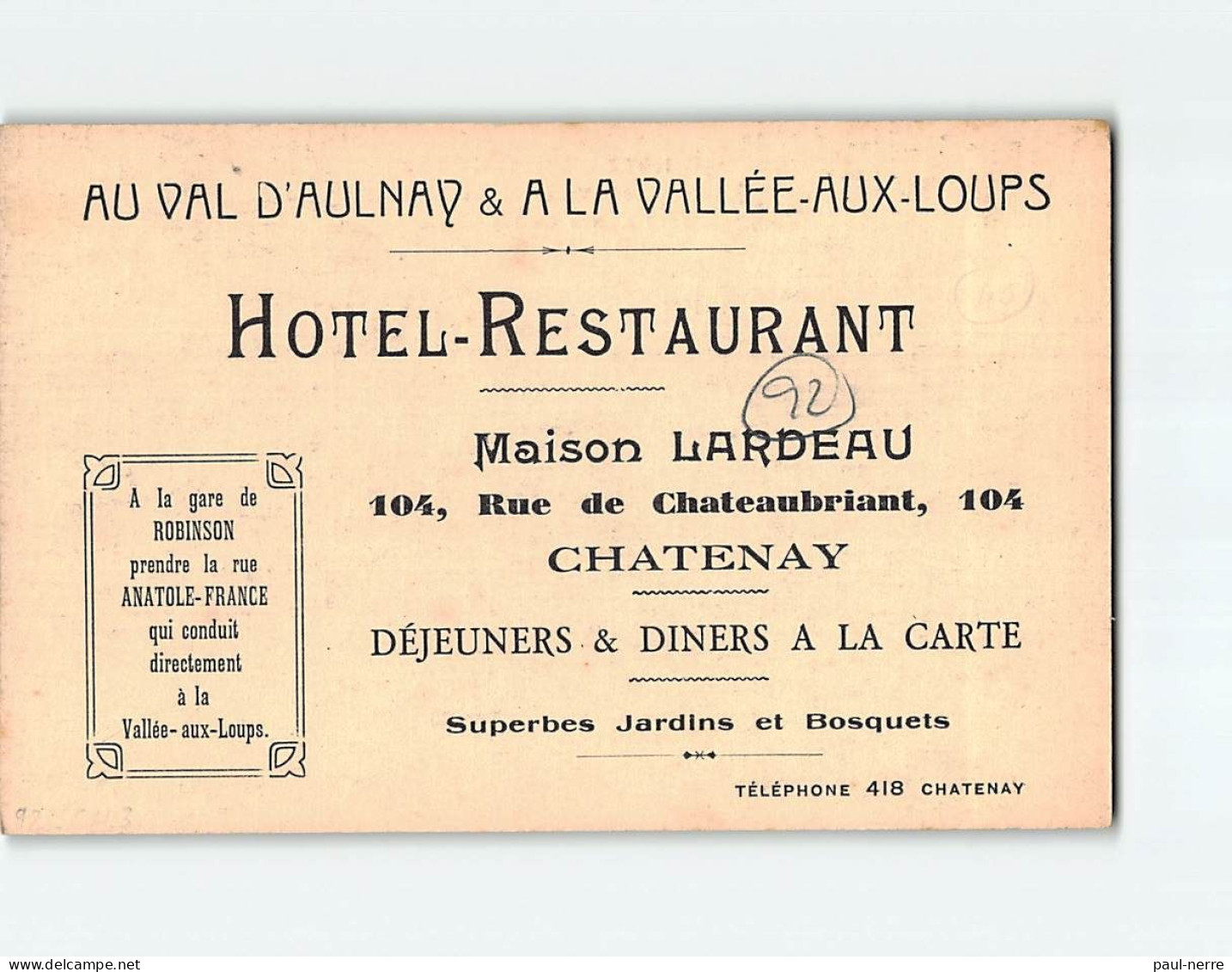CHATENAY : Hôtel Restaurant De La Vallée Aux Loups - Très Bon état - Chatenay Malabry
