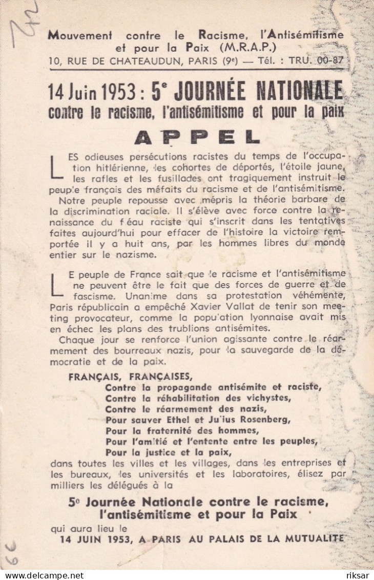 POLITIQUE(SATIRIQUE) JOURNEE NATIONALE CONTRE LE RACISME 1953 - Satirische