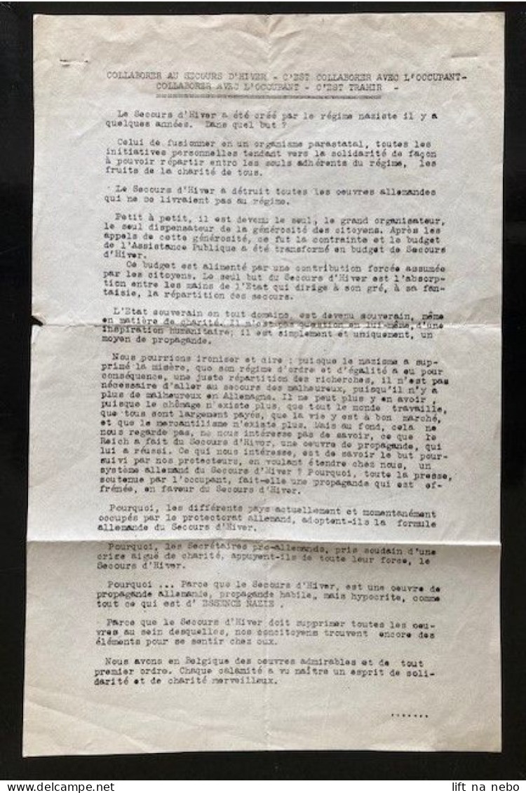 Tract Presse Clandestine Résistance Belge WWII WW2 'Collaborer Au Secours D'hiver - C'est Collaborer Avec L'occupant... - Documents