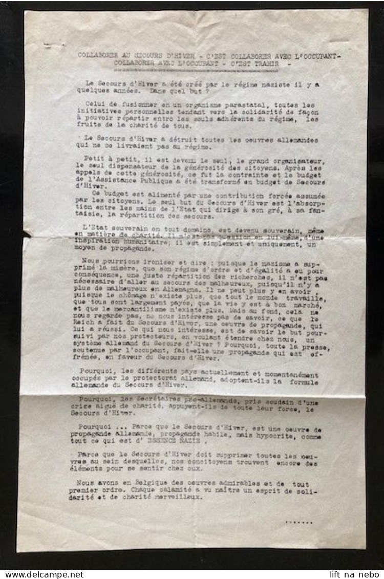 Tract Presse Clandestine Résistance Belge WWII WW2 'Collaborer Au Secours D'hiver - C'est Collaborer Avec L'occupant... - Dokumente