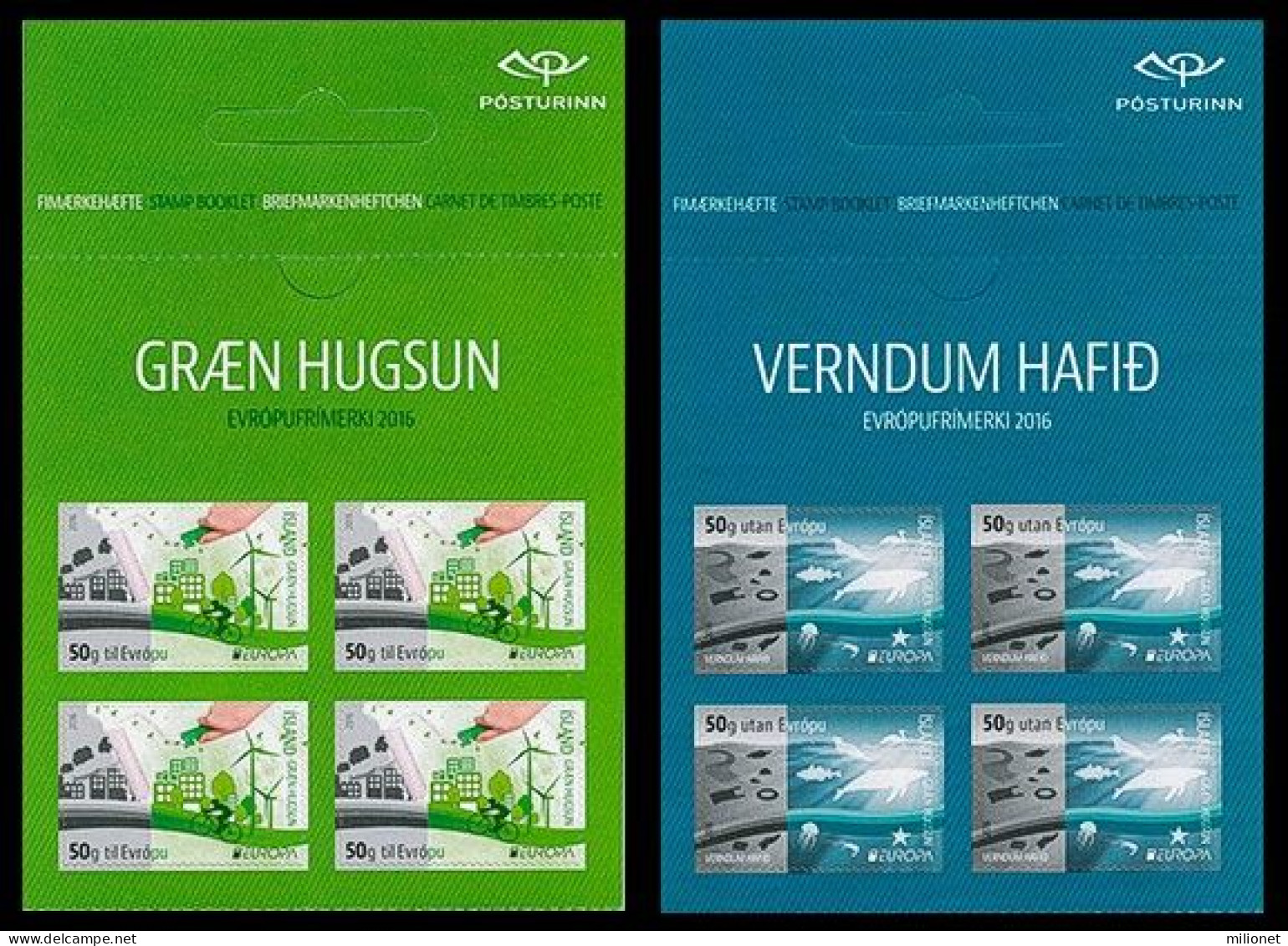 SALE!!! Iceland Islandia Islande Island 2016 EUROPA Think Green 4+4 Stamps From Booklets (selfadhesive) Upper Sides ** - 2016