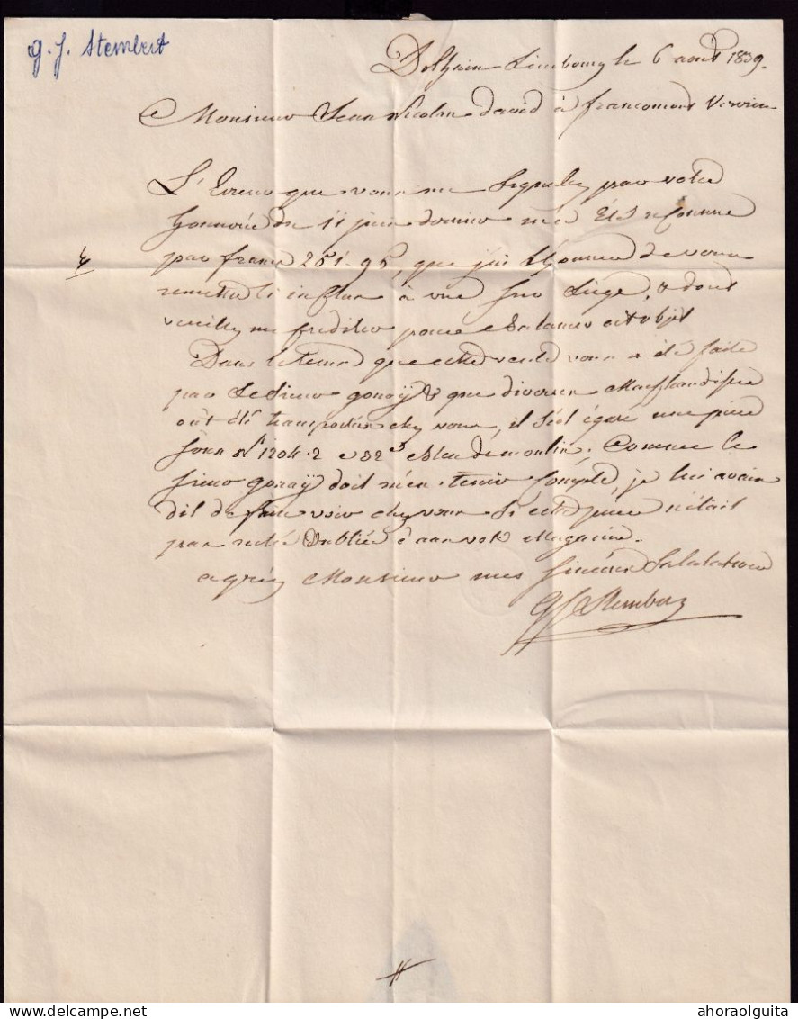 DDGG 066 - Lettre Précurseur DOLHAIN (Type 18)  1839 Vers FRANCOMONT - Signée Stembert - Port 2 Décimes - 1830-1849 (Belgio Indipendente)