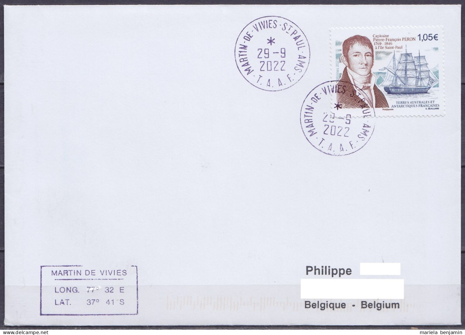 TAAF – St-Paul & Amsterdam - Env. Affr. N°981 Pierre-François Péron - Oblit. Martin-de-Viviès 22-9-2022 - Briefe U. Dokumente