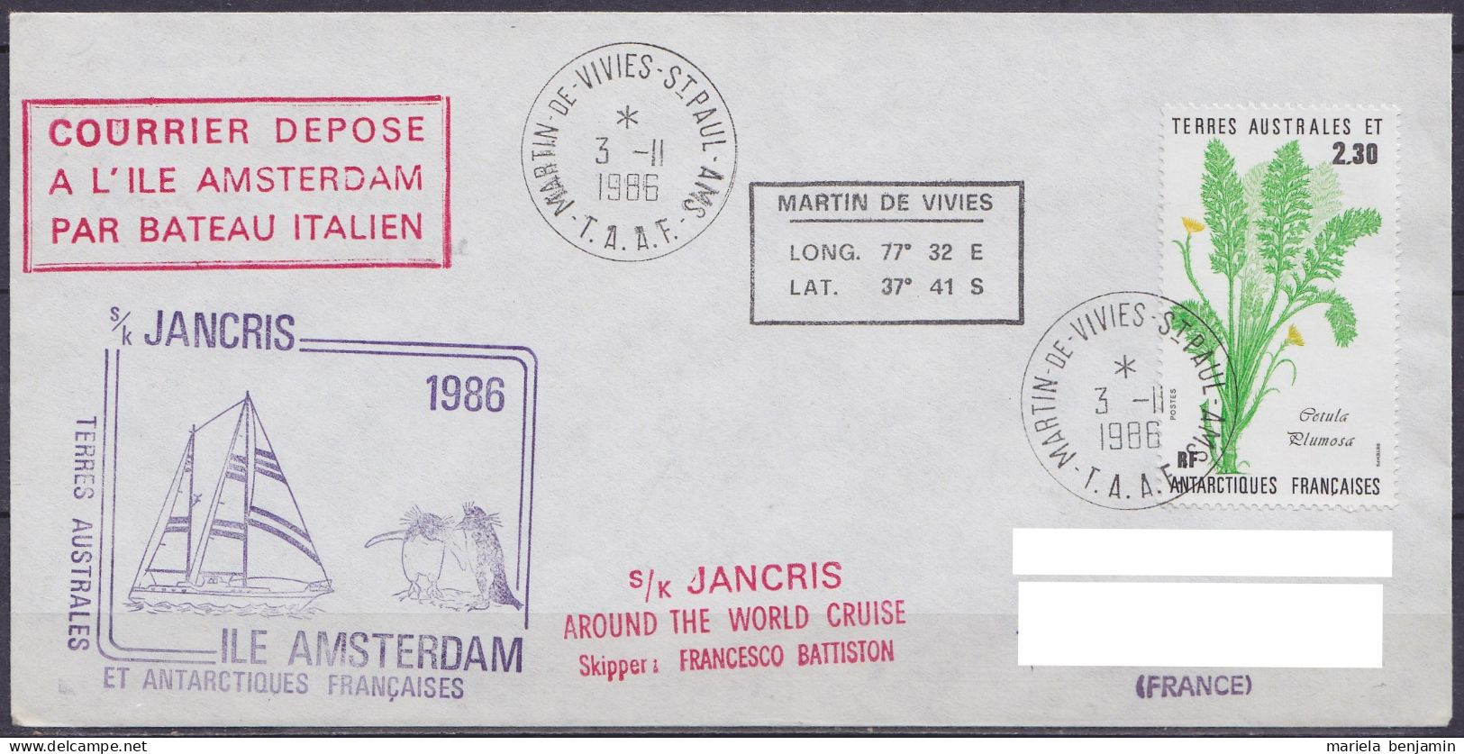 TAAF – St-Paul & Amsterdam - Cachets Bateau Voilier Italien S/K JANCRIS - Oblit. Martin-de-Viviès 3-11-1986 - Cartas & Documentos