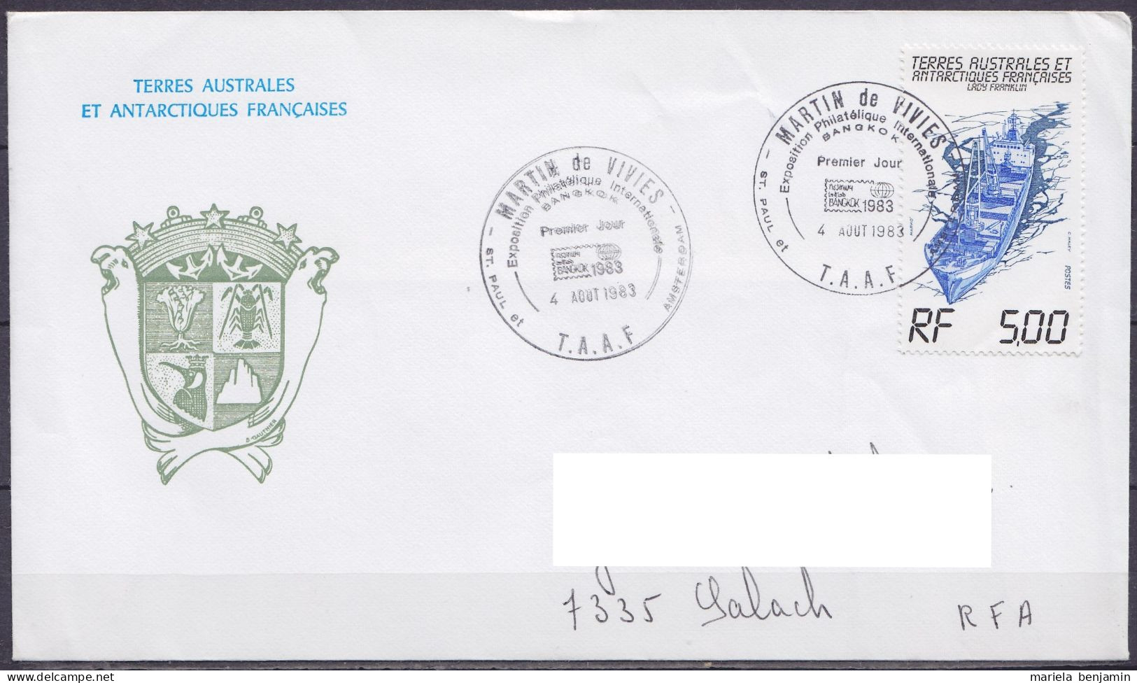 TAAF – St-Paul & Amsterdam - N°101 Bateau LADY FRANKLIN - Oblit. Illustrée 1e Jour Martin-de-Viviès 4 AOUT 1983 /envelop - Lettres & Documents