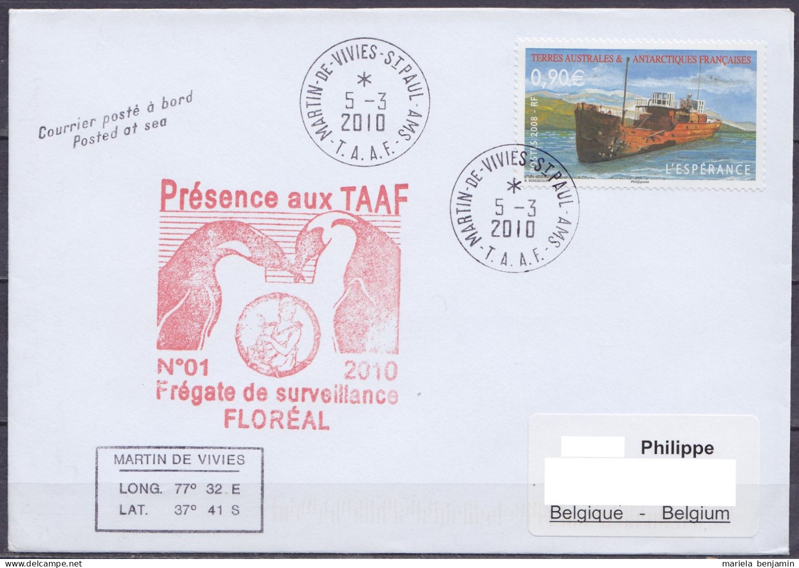 TAAF – St-Paul & Amsterdam - Cachet Bateau Frégate De Surveillance FLOREAL 01/2010 - Oblit. Martin-de-Viviès 5-3-2010 - Cartas & Documentos