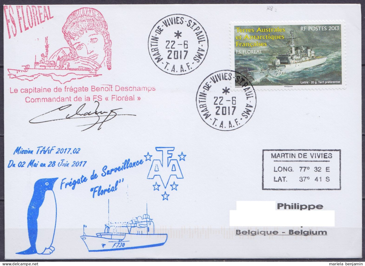 TAAF – St-Paul & Amsterdam - Cachets Bateau Frégate De Surveillance FLOREAL 2017.02 & Sign. Capitaine - Oblit. Martin-de - Storia Postale