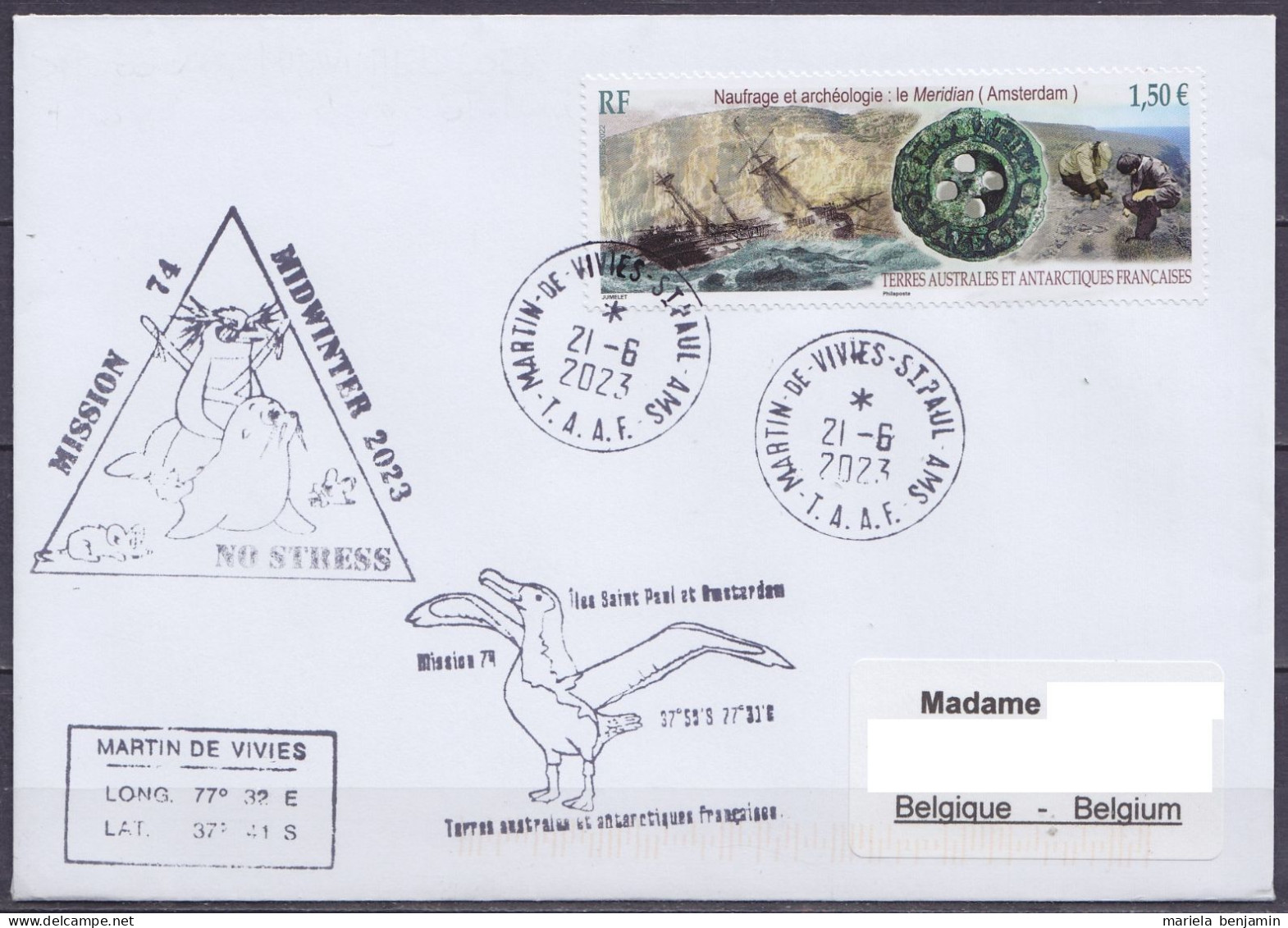 TAAF – St-Paul & Amsterdam - Cachets MIDWINTER & 74e Mission - Oblit. Martin-de-Viviès 21-6-2023 (au Dos: Cachet GP) - Covers & Documents