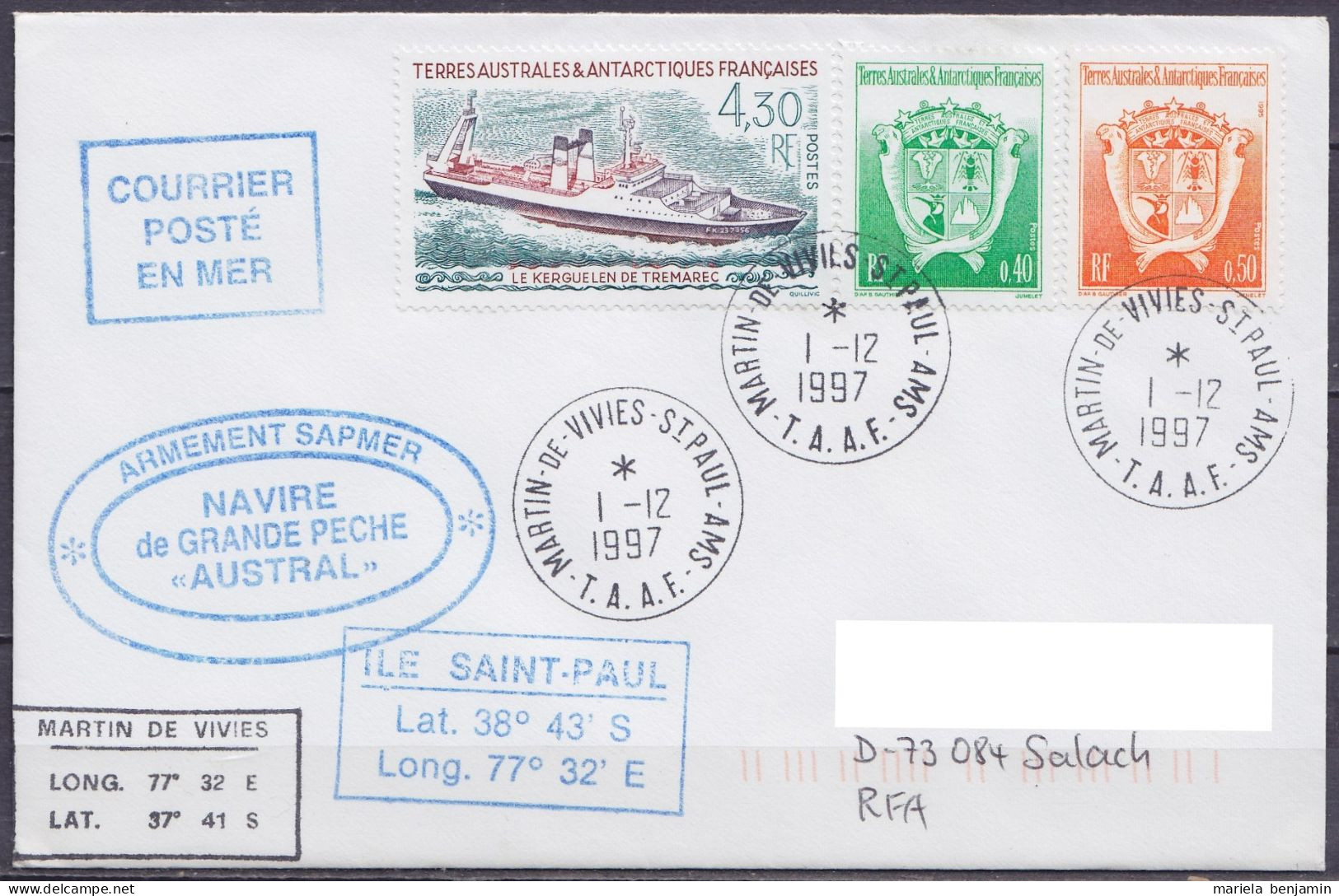 TAAF – St-Paul & Amsterdam - Cachets Bateau Chalutier AUSTRAL - Oblit. Martin-de-Viviès 1-12-1997 - Storia Postale