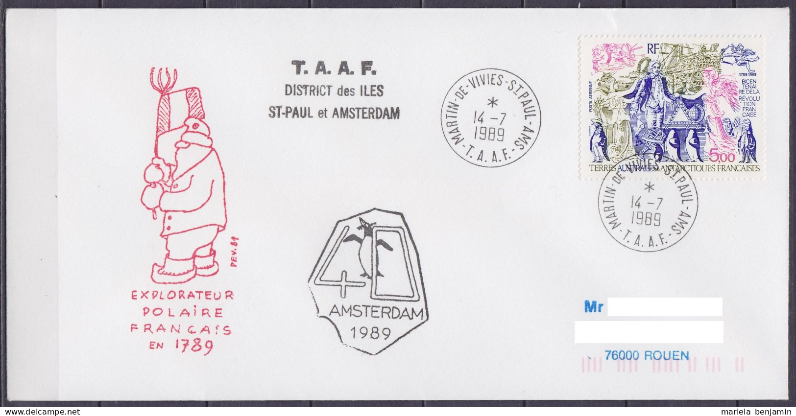 TAAF – St-Paul & Amsterdam - Bicentenaire De La Révolution Française - Cachet Illustré Paul-Emile Victor & Oblit. 1e Jou - Cartas & Documentos