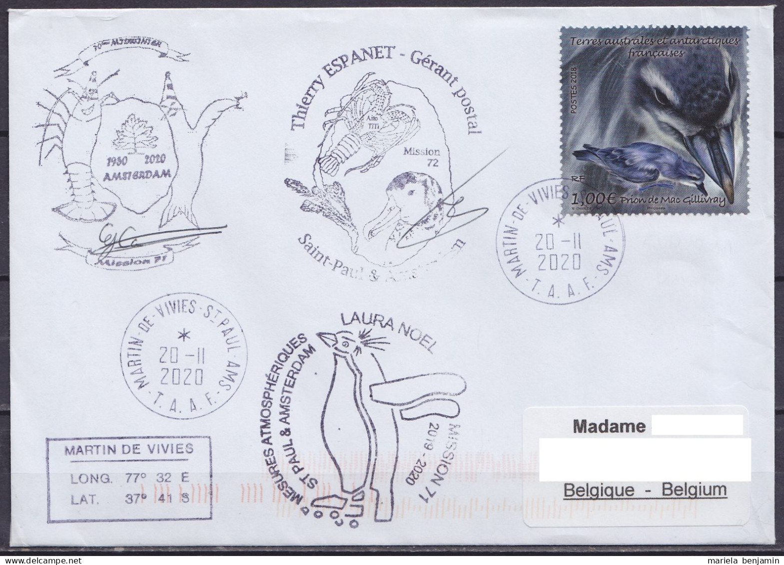 TAAF – St-Paul & Amsterdam - Cachet "Mesures Atmosphériques" & Mission 71 + GP - Oblit. Martin-de-Viviès 20-11-2020 (au  - Storia Postale