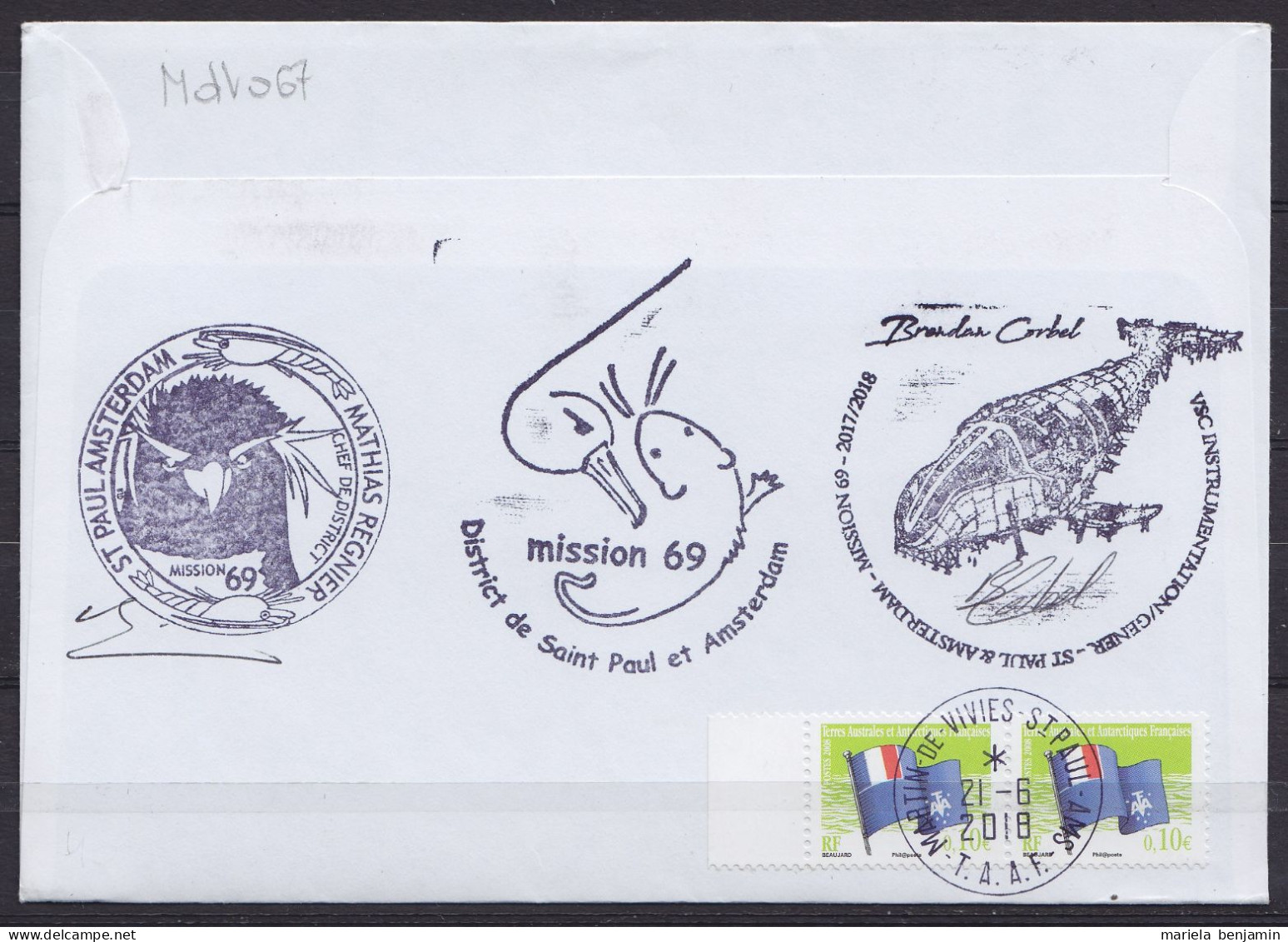 TAAF – St-Paul & Amsterdam - MIDWINTER 2018 – 69e Mission + Cachet GP (cachcets Divers Au Dos) Oblit Martin-de-Viviès 21 - Storia Postale