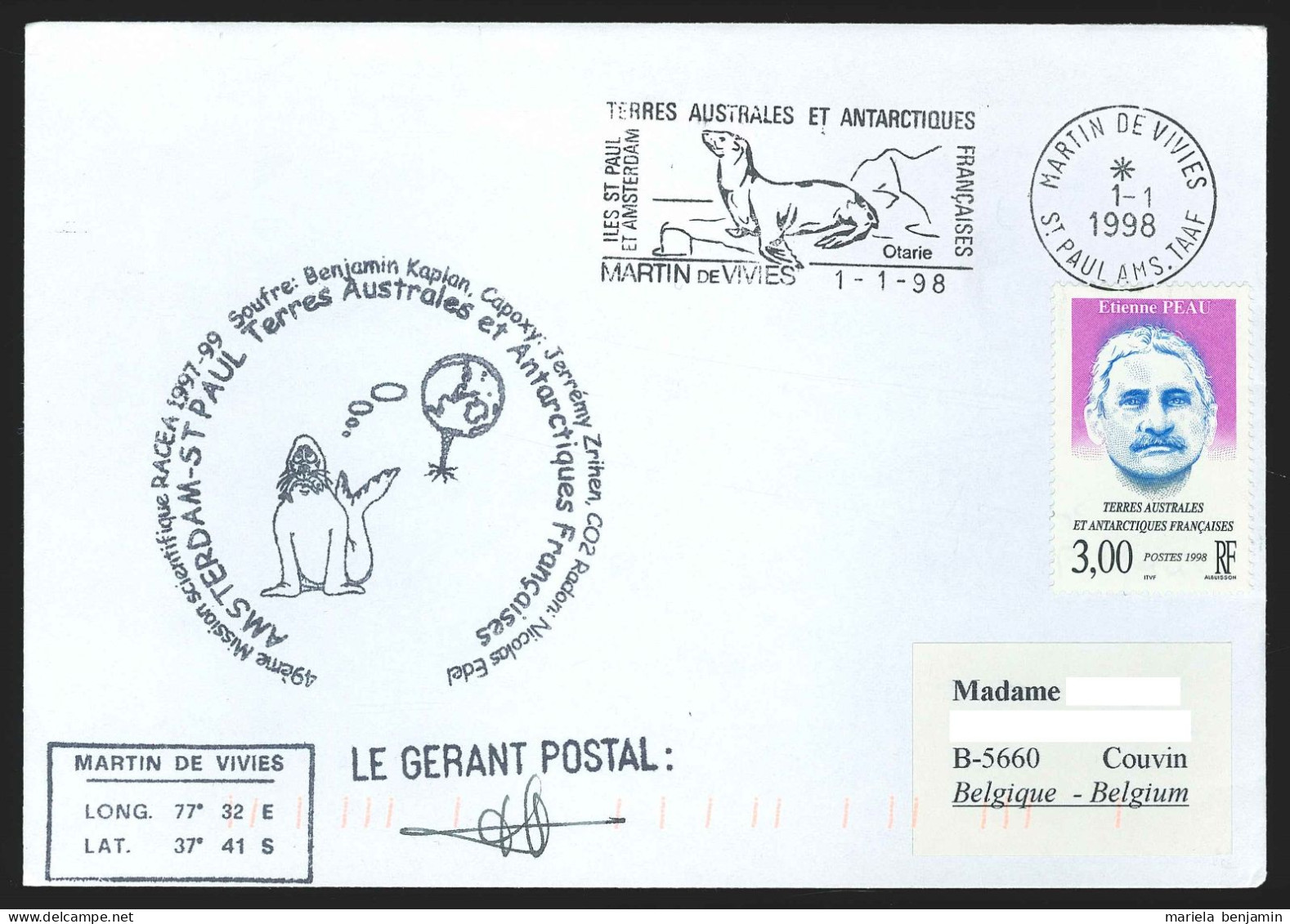 TAAF - St-Paul & Amsterdam - RACEA 49e Mission Affr. Etienne Peau Oblit. 1e Jour Martin-de-Viviès 1-1-1998 - Covers & Documents