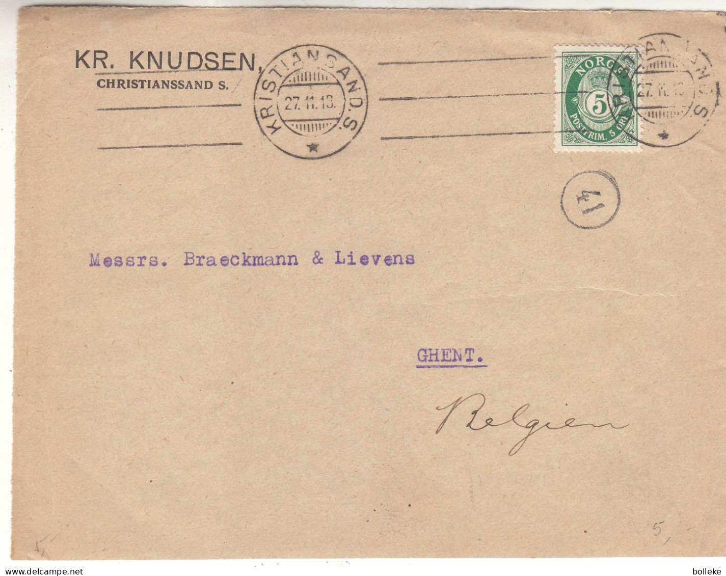 Norvège - Devant De Lettre De 1913 - Oblit Kristiansand - Exp Vers Gent - Cachet Du Facteur - - Briefe U. Dokumente