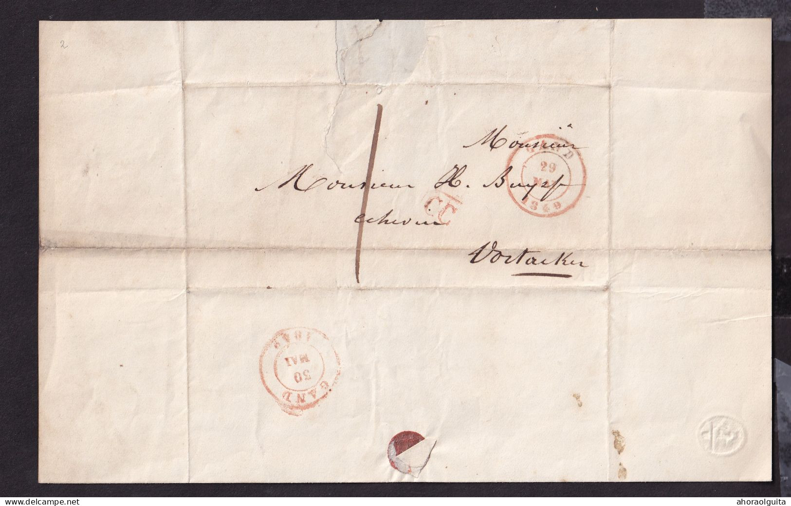 DDGG 067 - Lettre Précurseur GAND 1849 Vers OOSTACKER - Marque CC = Courrier Cantonal - Port 1 Décime - 1830-1849 (Belgica Independiente)