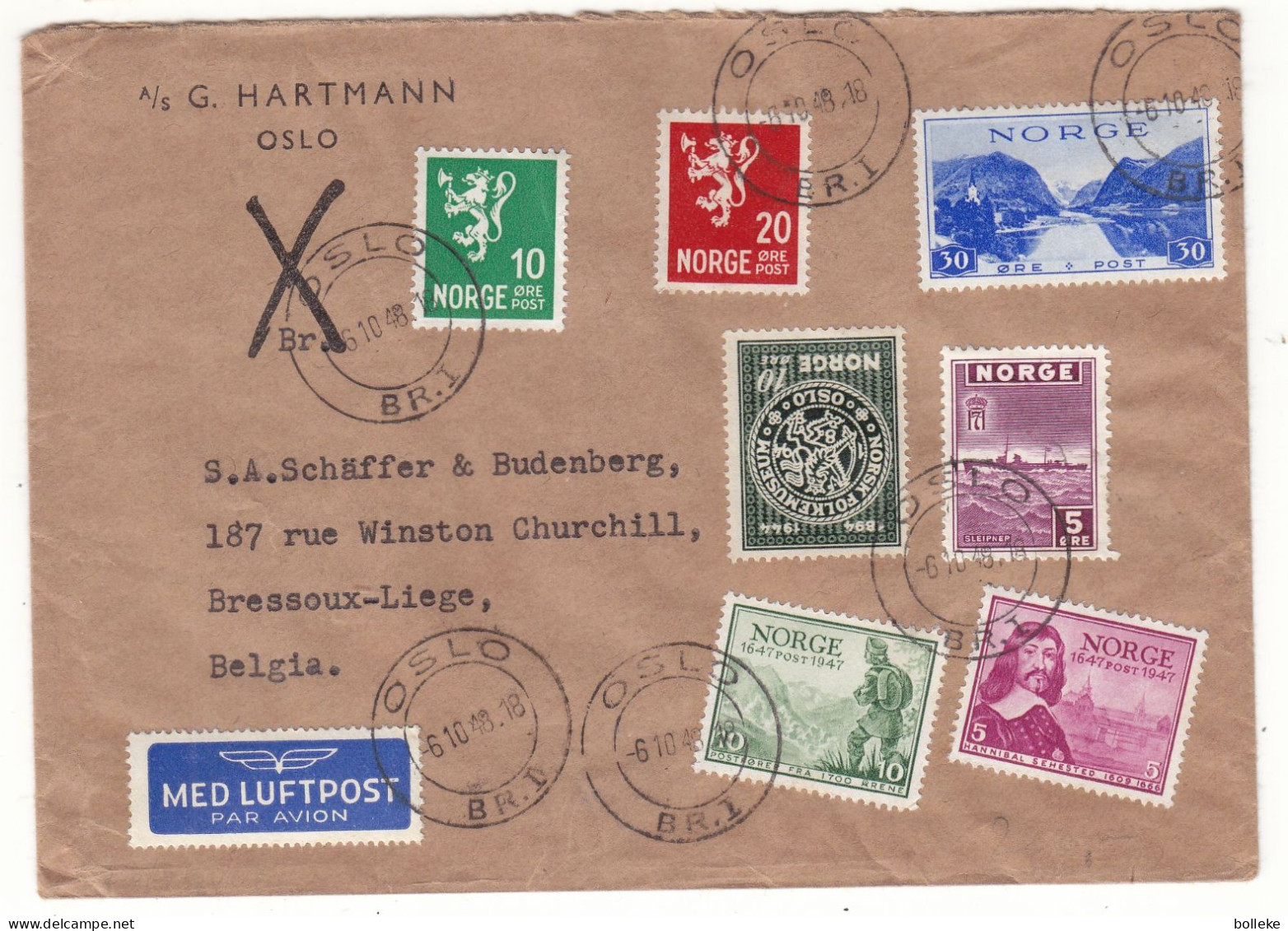 Norvège - Lettre De 1948 - Oblit Oslo - Exp Vers Bressoux Liège - - Cartas & Documentos