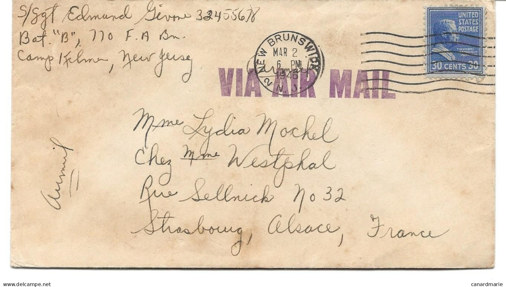 LETTRE PAR AVION POUR LA FRANCE  1947 - CAMP KILMER NEW JERSEY - - Lettres & Documents