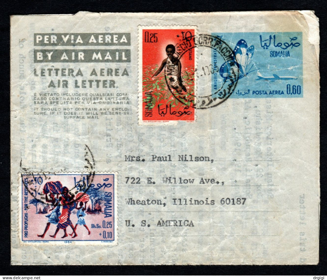 SOMALIA, 1965, INTERO POSTALE A 0 CEI, MOGADISCIO X WHEATON, USA, AEROGRAMMA - Somalië