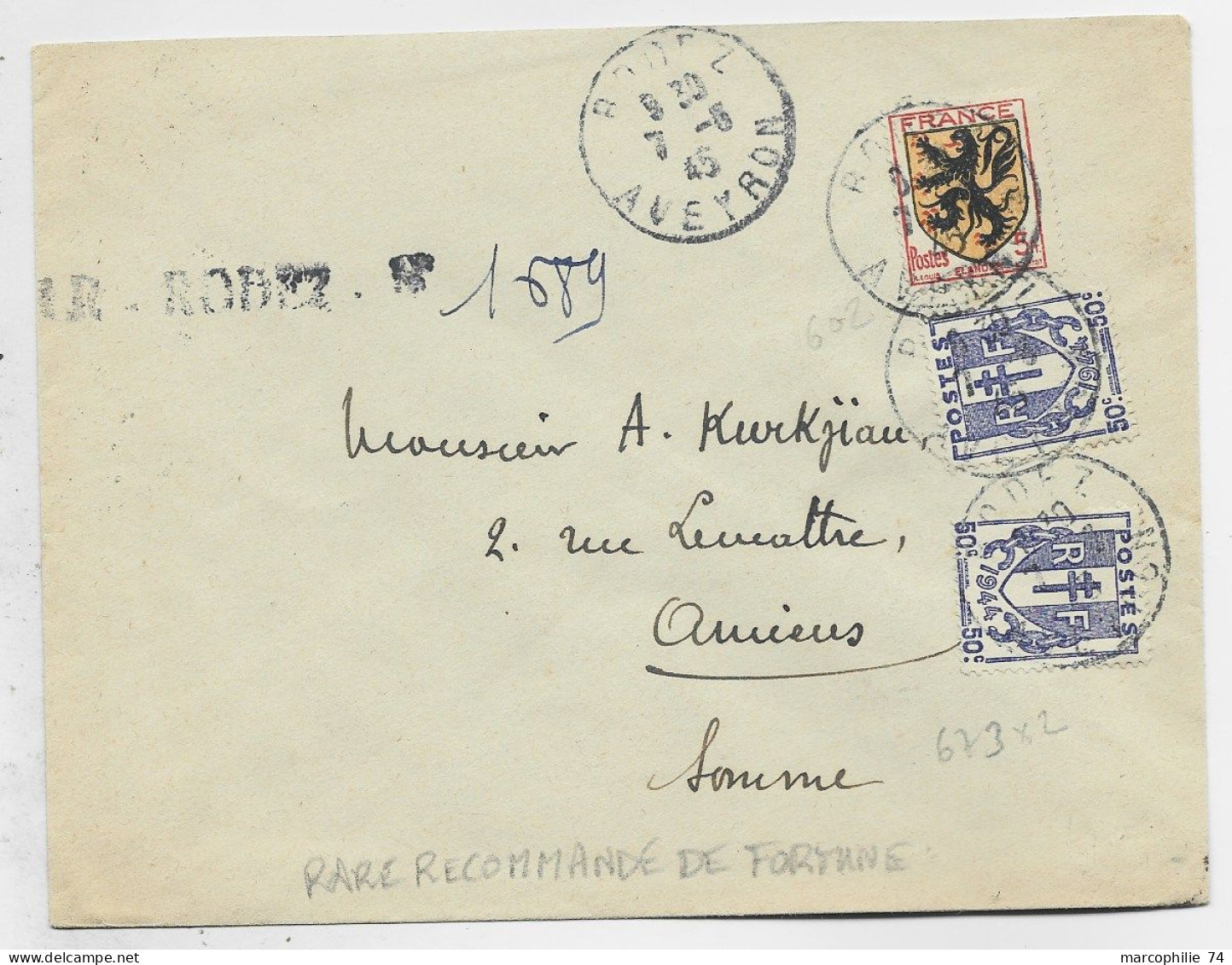 FRANCE BLASON 5FR + CHAINE 50CX2 LETTRE REC PROVISOIRE RODEZ AVEYRON 7.6.1945 AU TARIF - 1941-66 Wappen